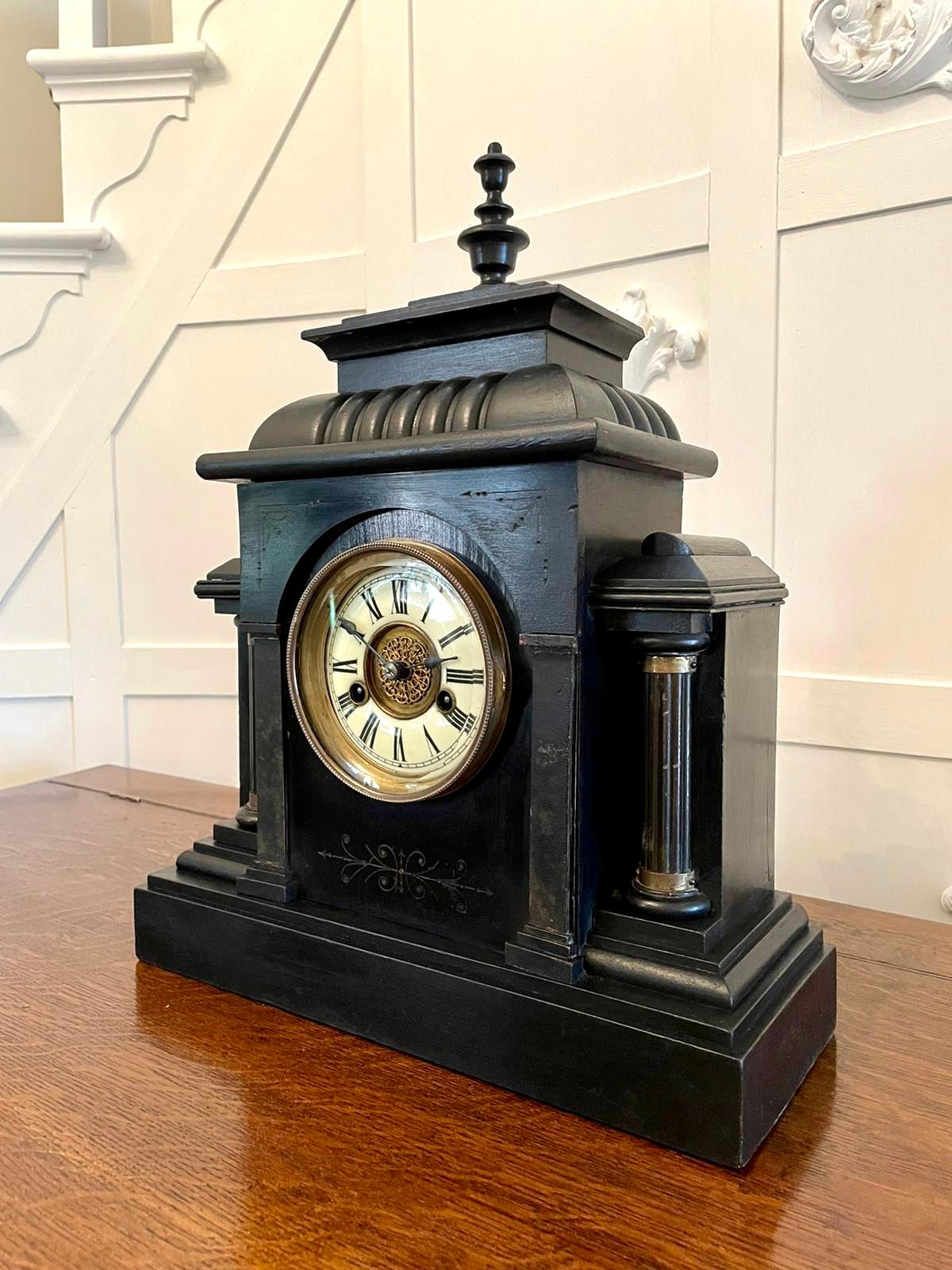 Large Victorian 19th century antique faux marble mantel clock having a fantastic architectural reeded shaped top with a turned finial and moulded columns. It stands on a plinth base with a 14 day movement striking on the hour and half hour on a