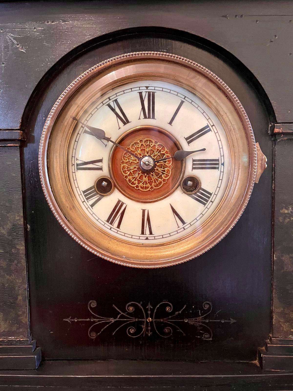 Brass Large Victorian 19th Century Antique Faux Marble Mantel Clock For Sale