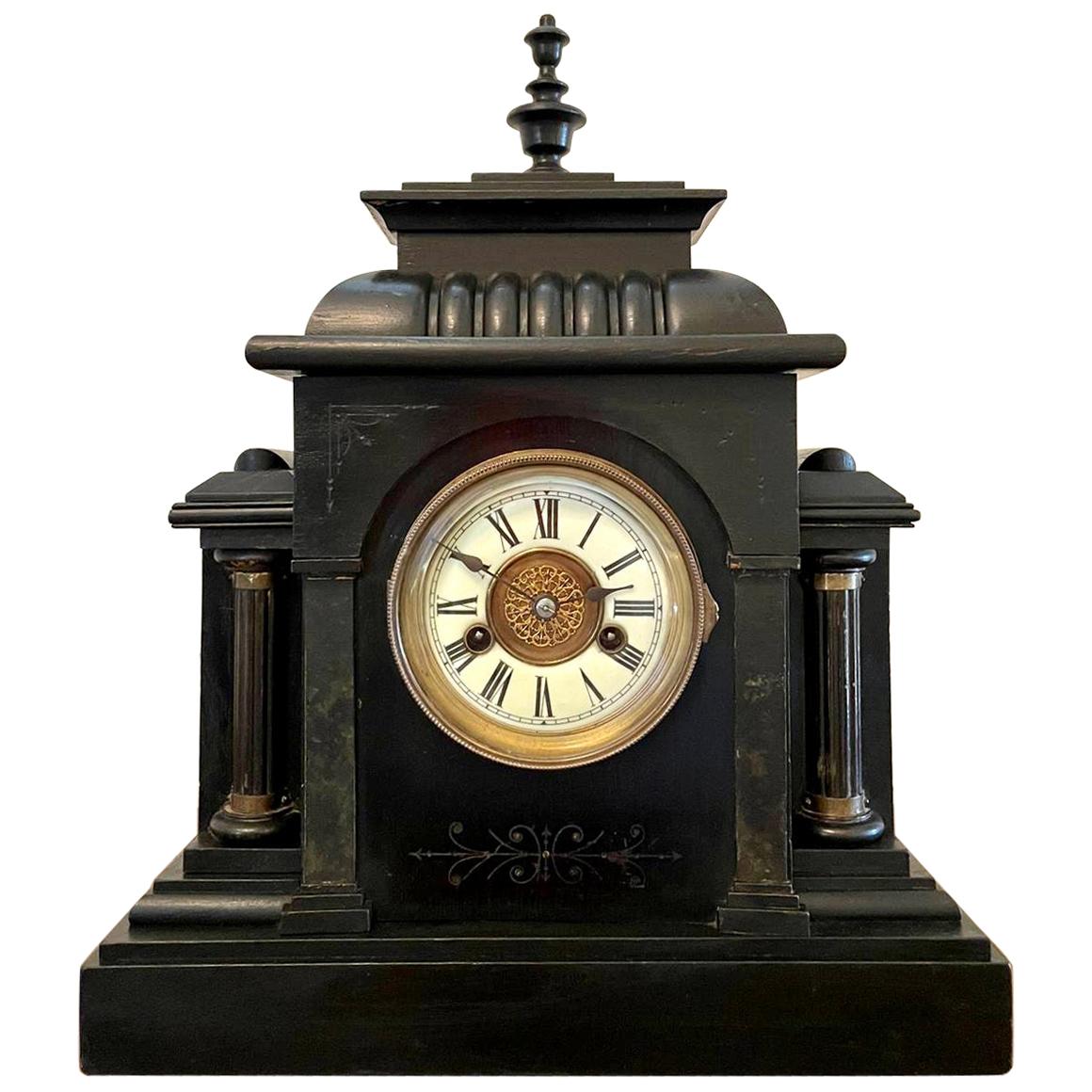 Grande horloge de cheminée victorienne ancienne en faux marbre du 19ème siècle