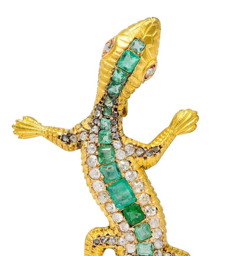 Large Victorian 3.36 Carat Emerald Diamond 18 Karat Gold Lizard Brooch ...
