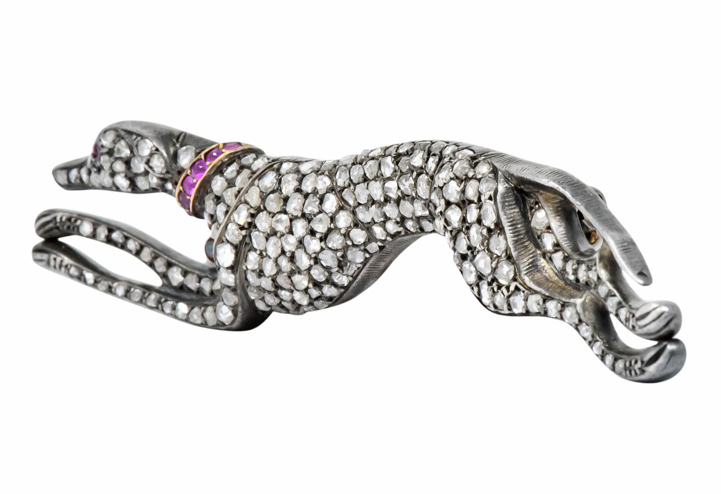 Large Victorian 3.47 Carat Diamond Ruby Silver Gold Greyhound Brooch In Excellent Condition In Philadelphia, PA