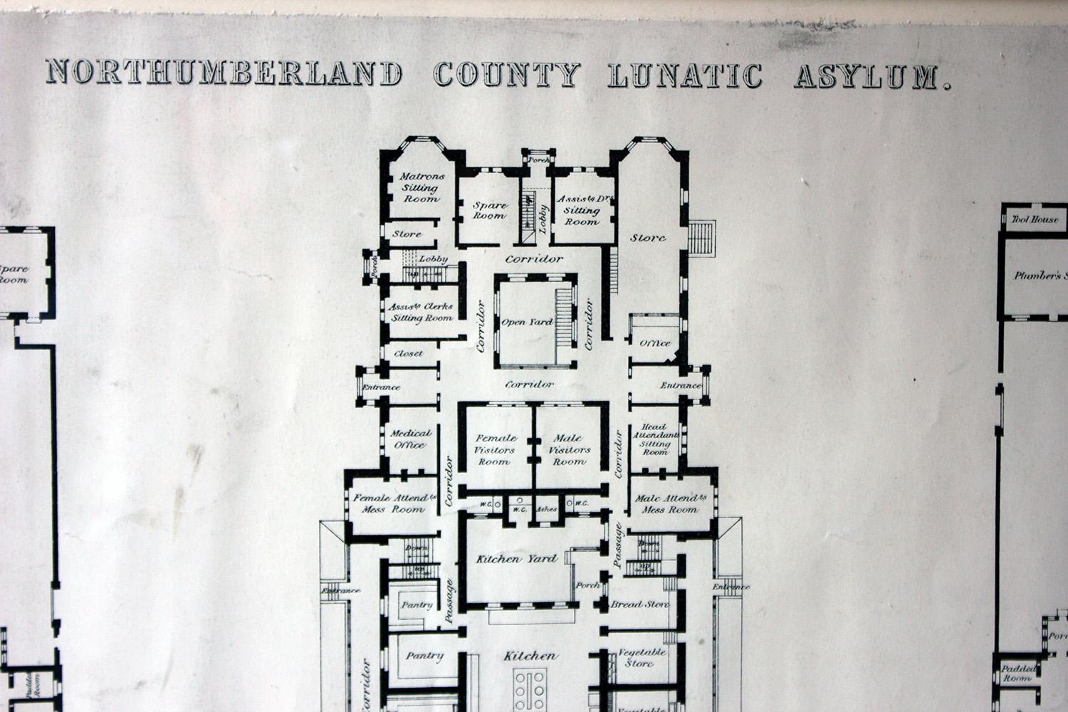 The large and scarce architects site plan, framed and glazed, inscribed ‘John Gepwell (?)a.3.c.e. Grunty(?) Architect 17.Dec 1888’’, showing the plan of the ground floor of the Northumberland Lunatic Asylum, with an array of interesting rooms and