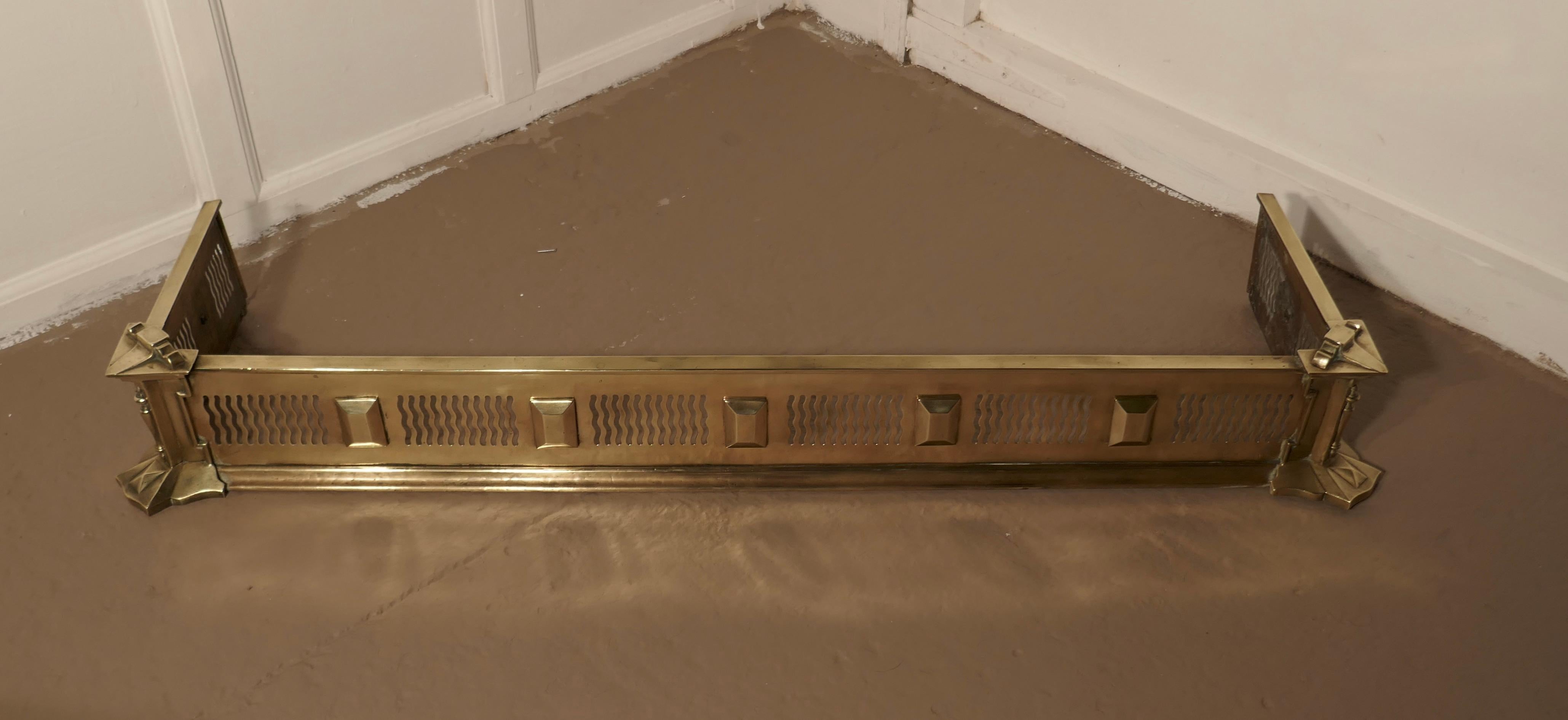 Large Victorian Art Nouveau brass fender

This is a beautifully designed Victorian brass fender it has superb geometric patterns set on the pierced brass surround
The fender is good quality and in very good condition it is 8” high, and 54” long