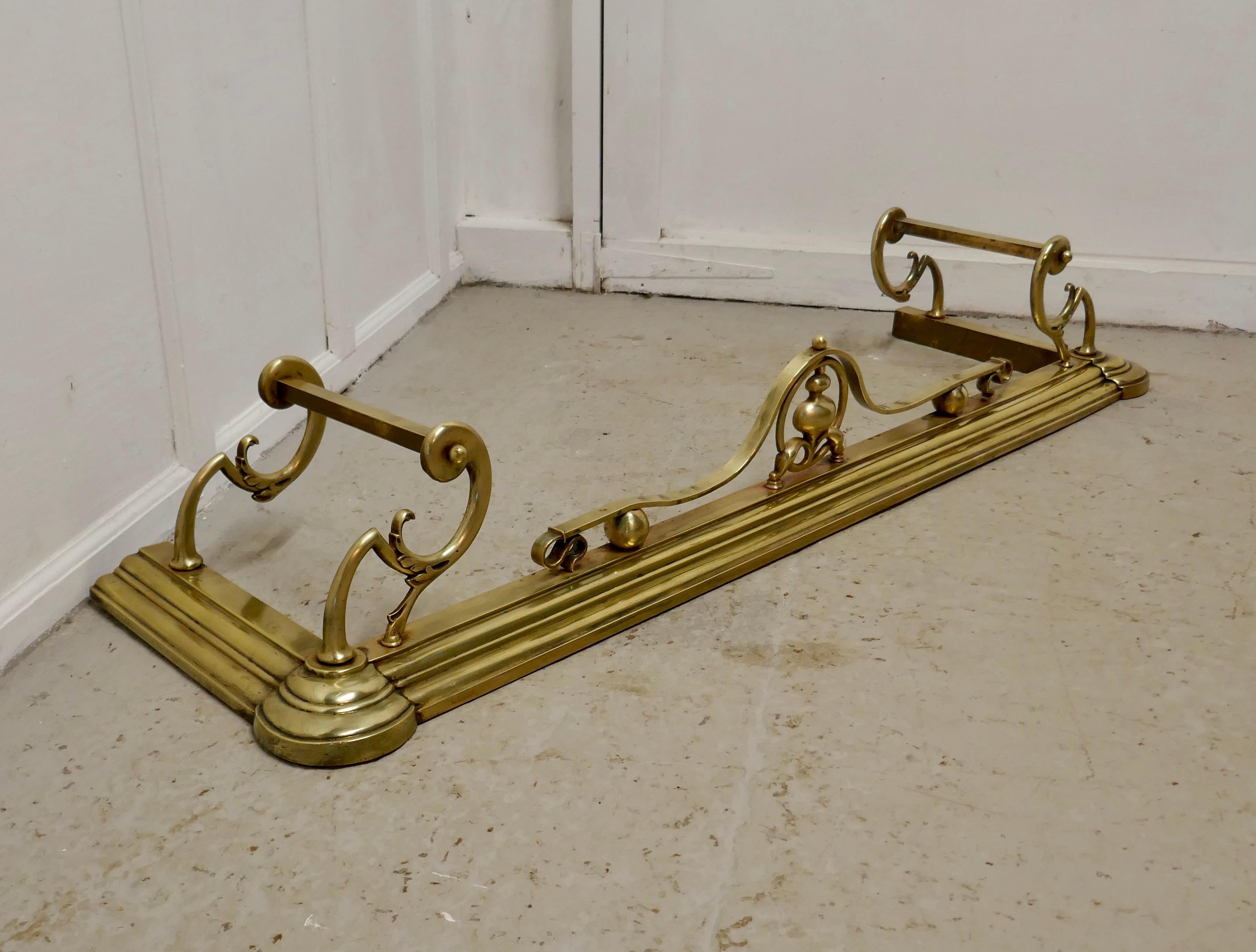 Large Victorian Art Nouveau brass fender

This is a beautifully designed Victorian brass fender it has superb Art Nouveau decoration worked in brass
The fender is in very good condition it is 9” high, and 56” long and 16” deep GB43.
  