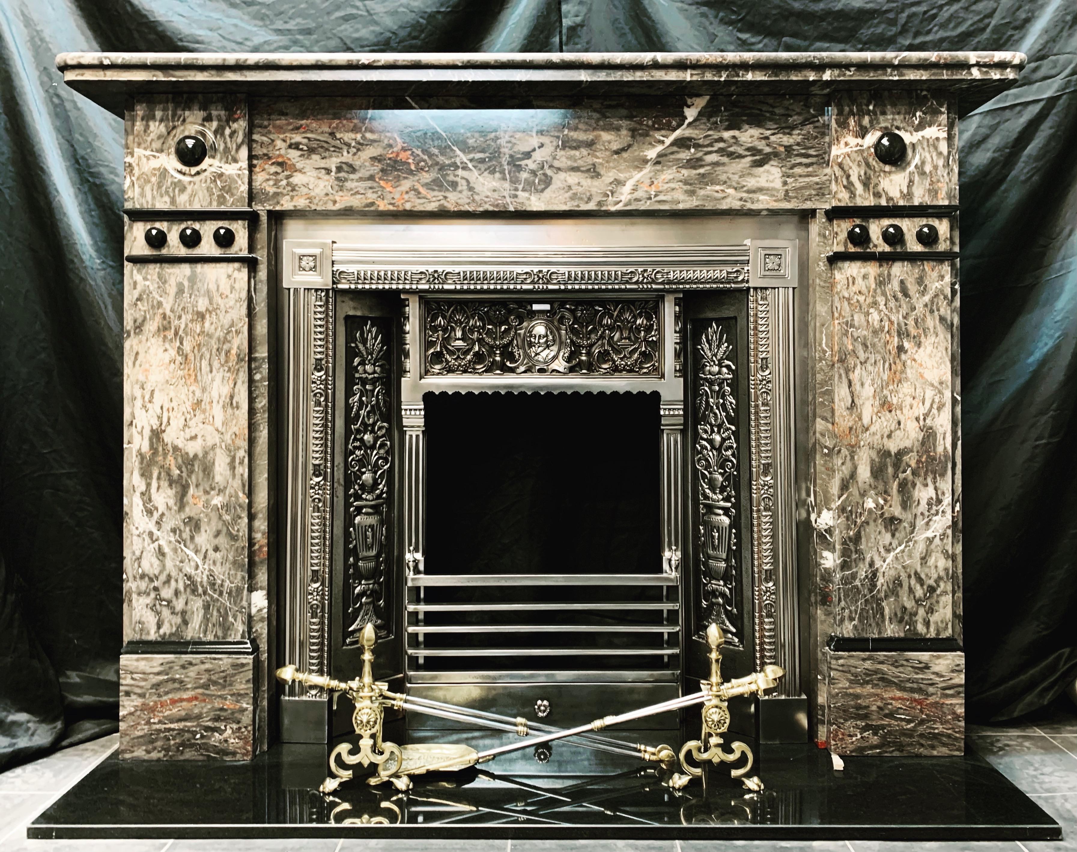 A large and desirable late Victorian Devonshire Ashburton marble fireplace surround. A generous bullnose double shelf sits above a plain frieze, flanked in turn by tall book matched jambs each displaying a Belgian black marble half sphere set within