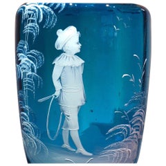 Antique Large Victorian Blue Glass Vase, ‘Mary Gregory’ Type Child and Hoop, circa 1880
