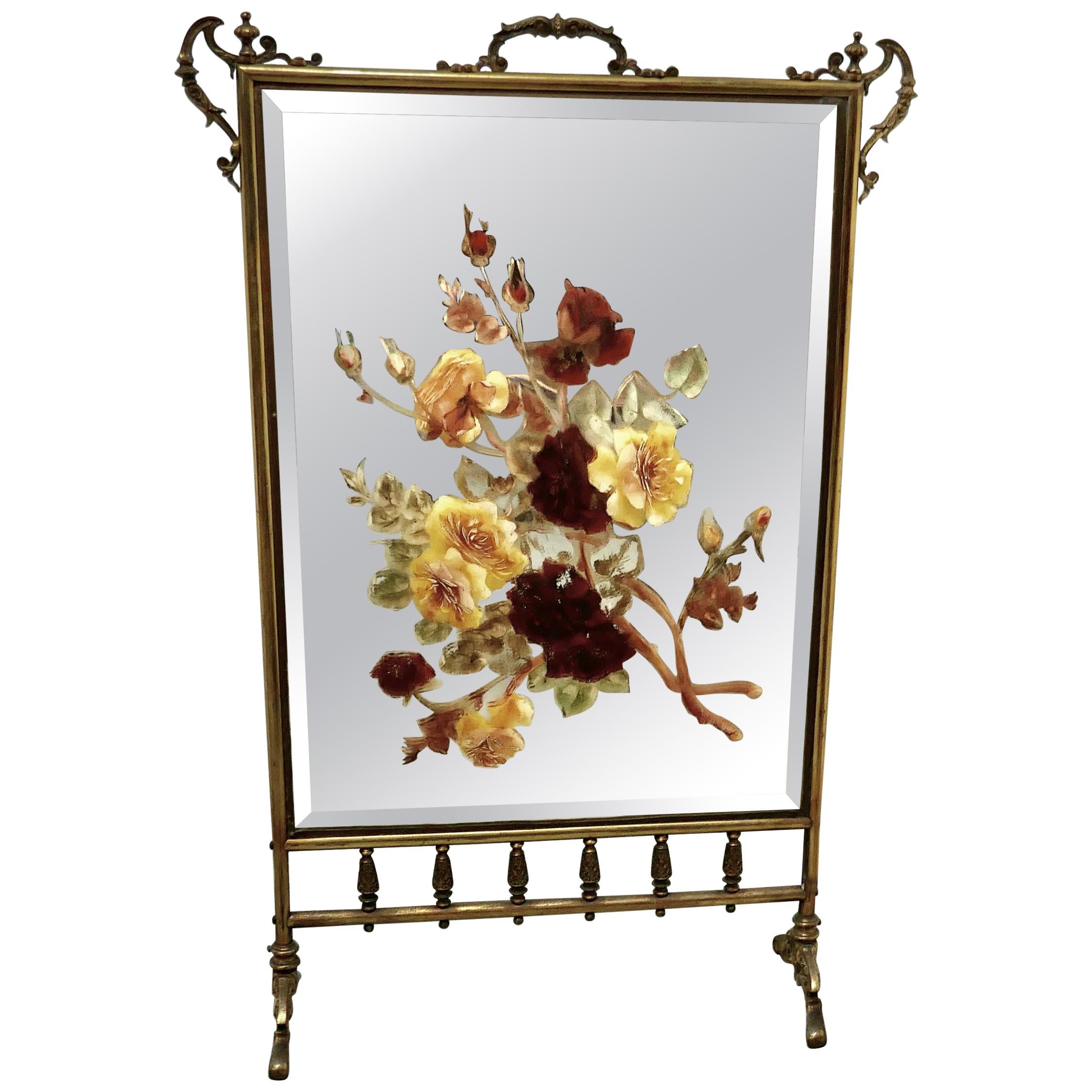 Large Victorian Brass and Roses Painted Mirror Fire Screen