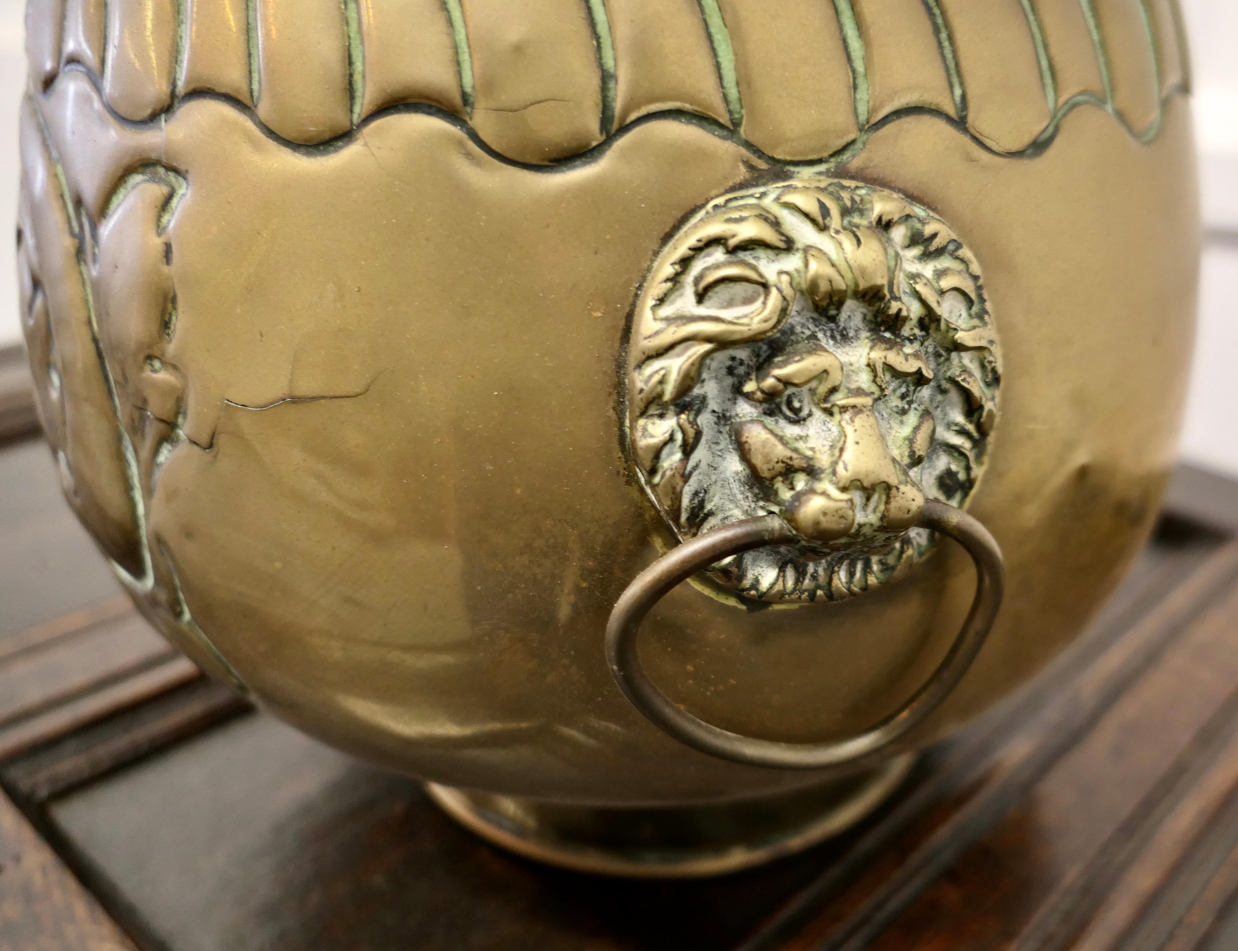 Arts and Crafts Large Victorian Brass Jardinière, Lions Mask Planter    For Sale