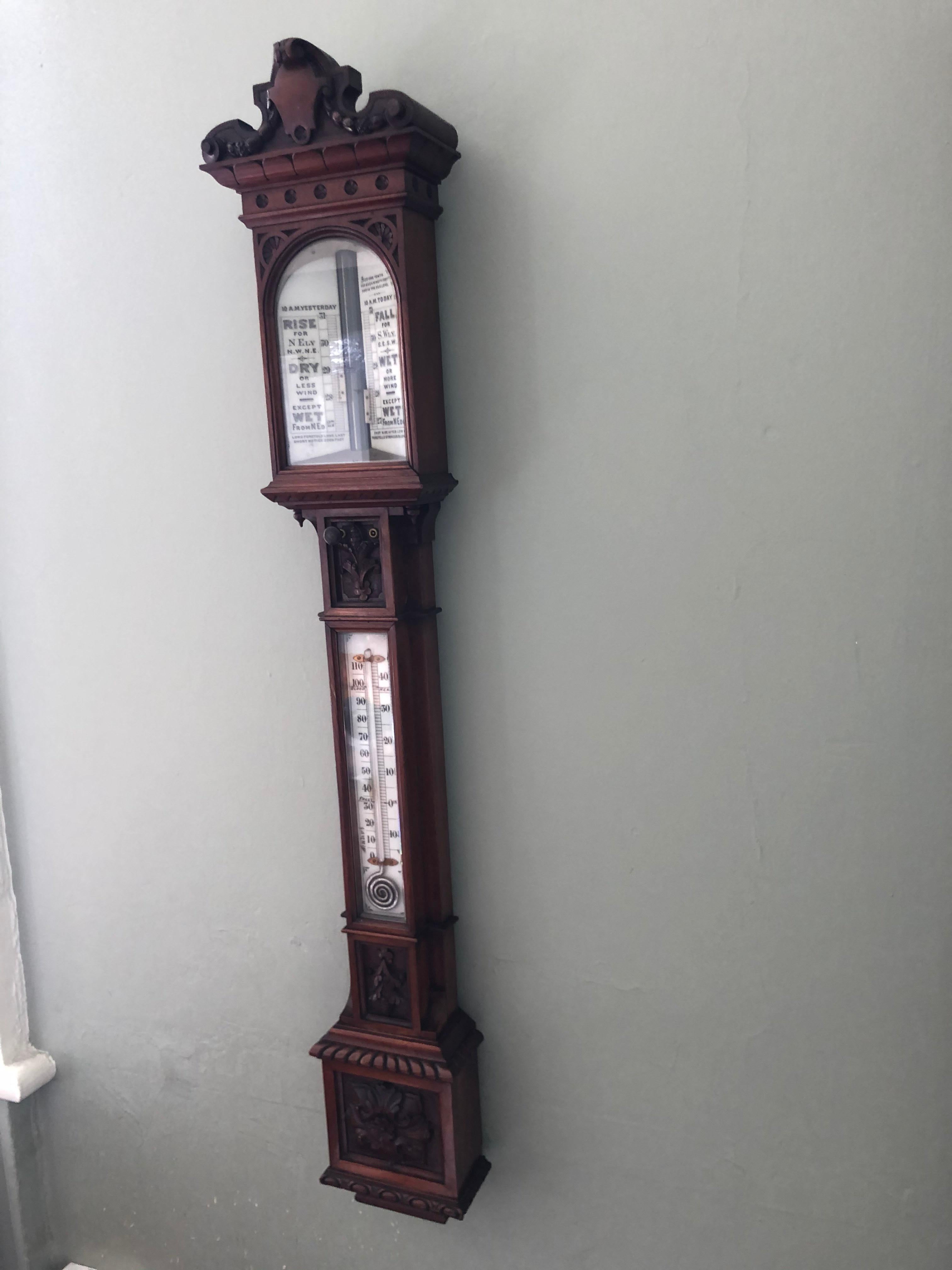 19th Century Large Victorian Carved Architectural Mercurial Barometer For Sale