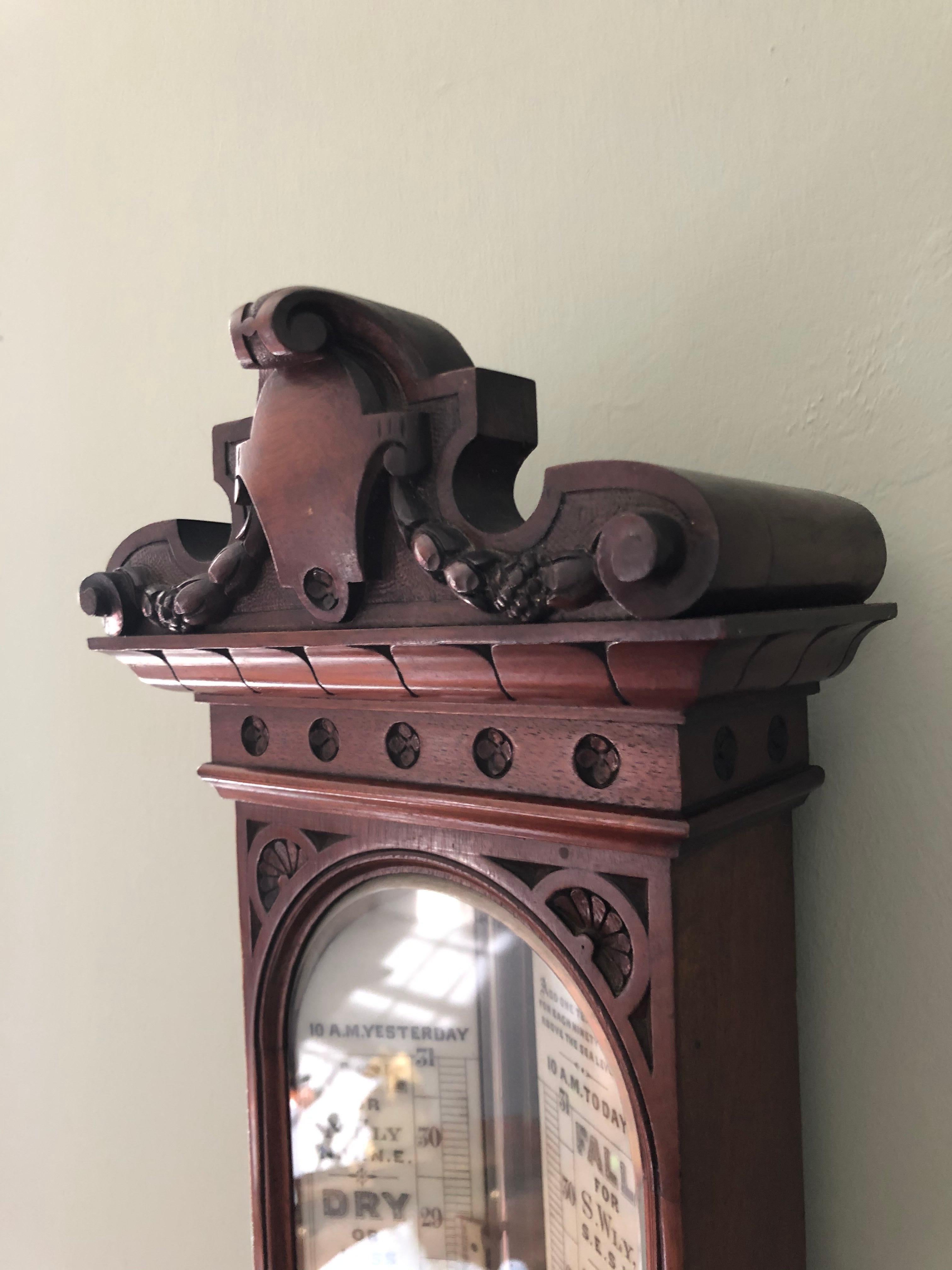 Enamel Large Victorian Carved Architectural Mercurial Barometer For Sale