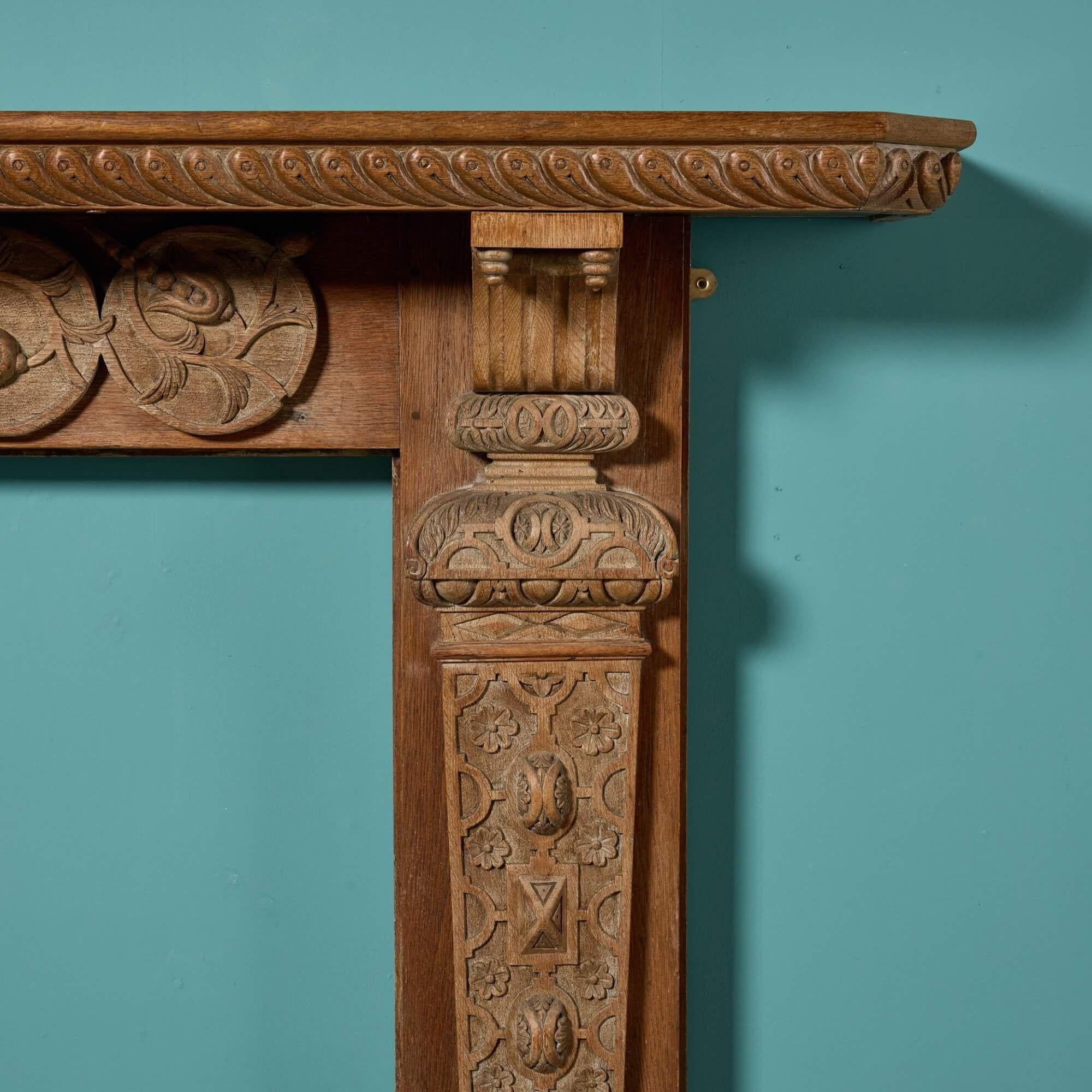 English Large Victorian Carved Oak Fire Mantel For Sale