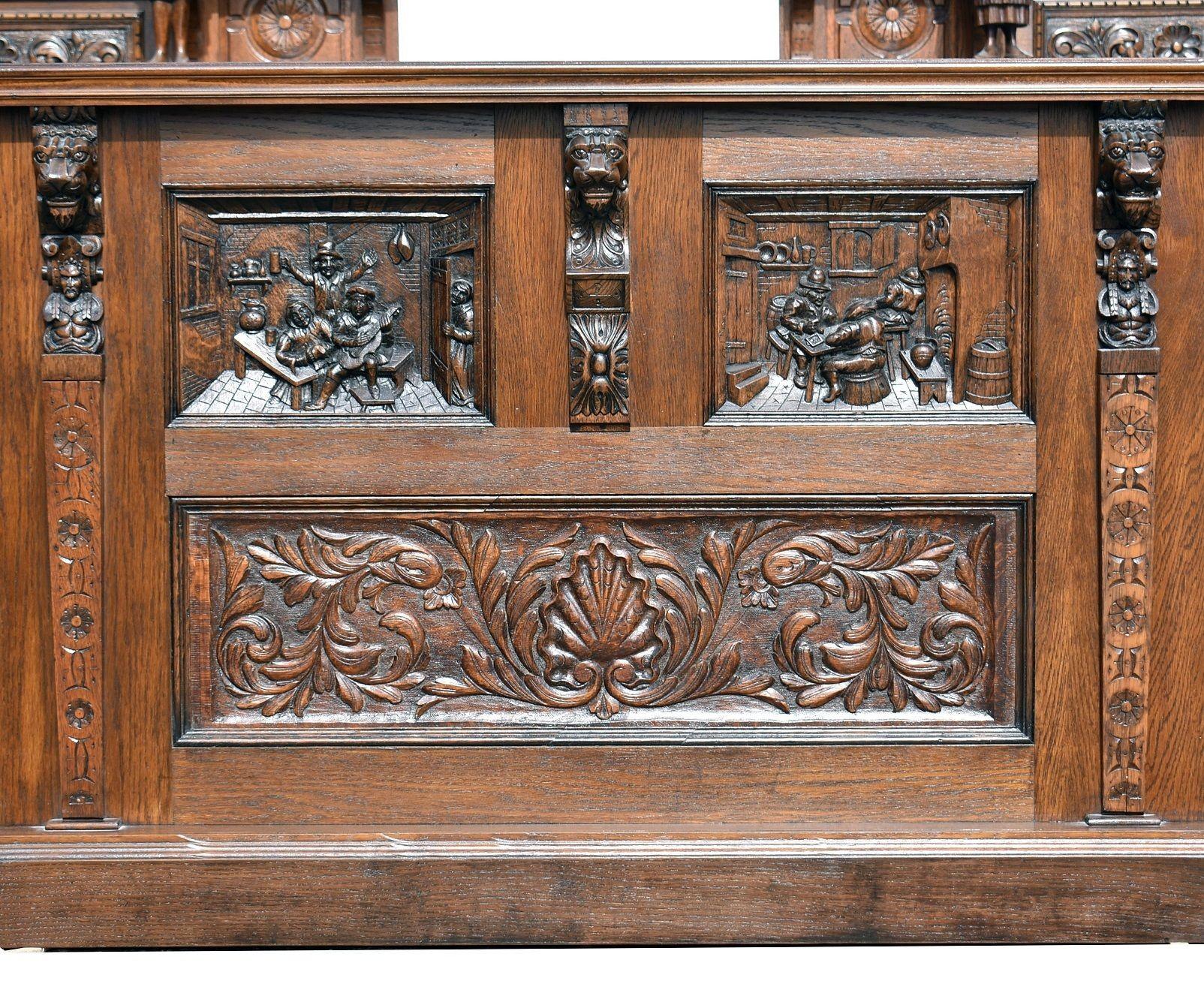 English Large Victorian Carved Oak Front and Back Bar