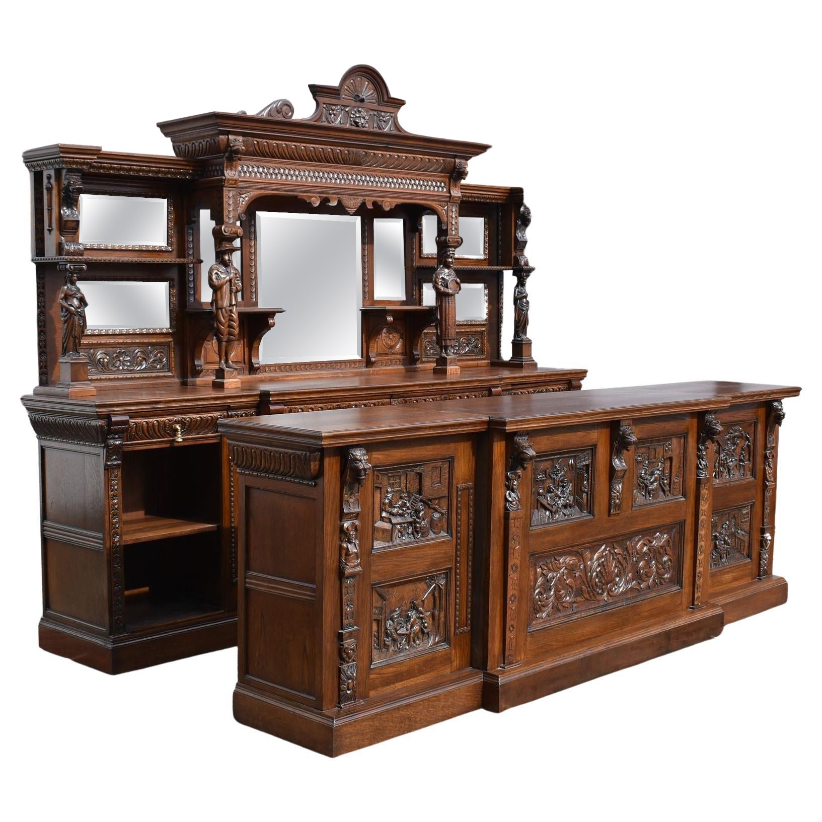Large Victorian Carved Oak Front and Back Bar