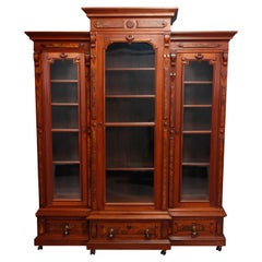 Antique Large Victorian Carved Walnut and Burl Enclosed 3-Section Bookcase, circa 1890