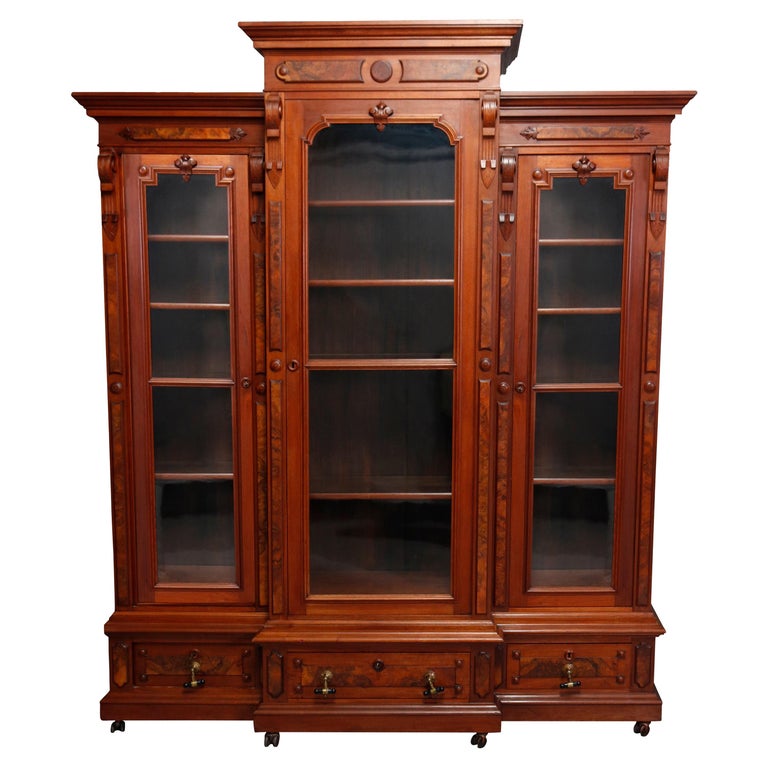 Large Victorian Carved Walnut and Burl Enclosed 3Section Bookcase