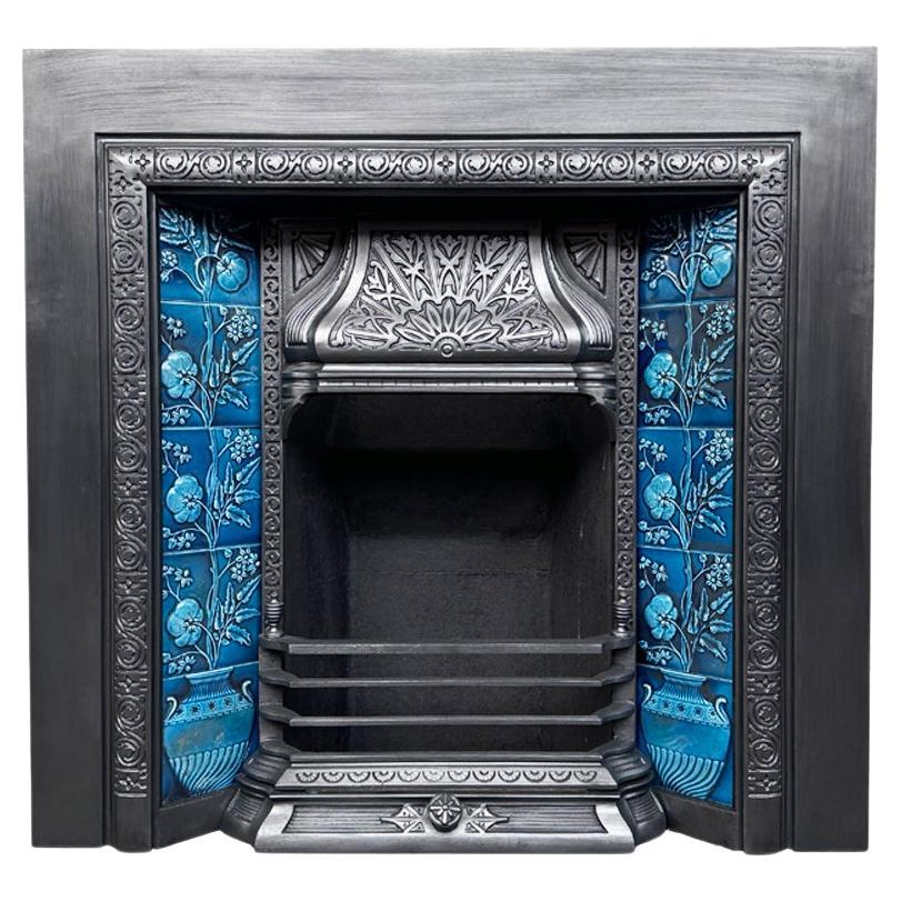 Large Victorian Cast Iron and Tiled Fireplace Grate For Sale