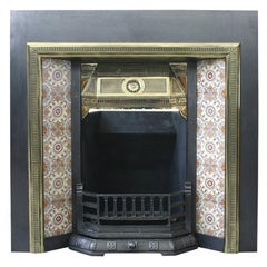 Large Victorian Cast Iron, Brass and Tiled Fireplace Grate