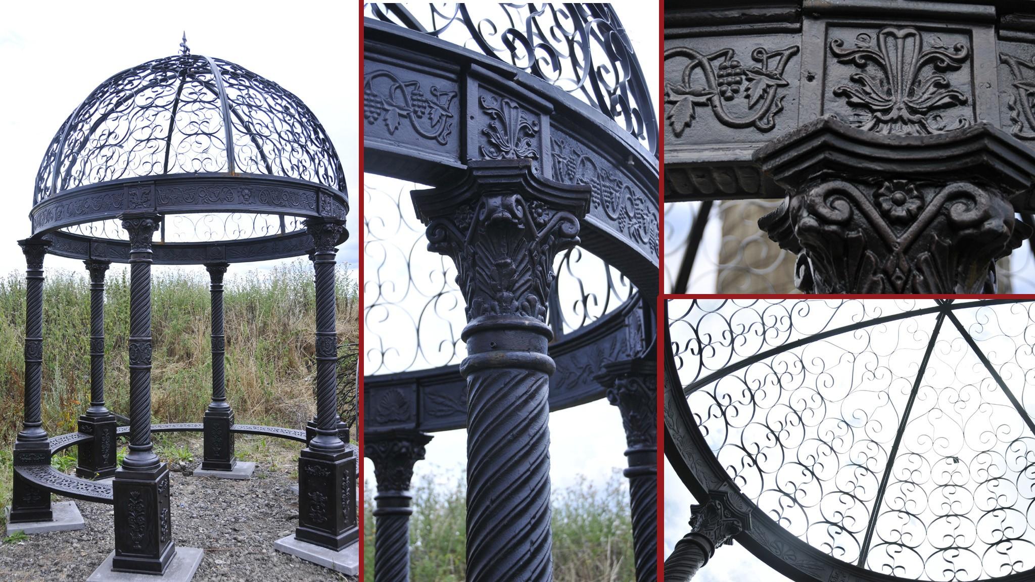 Massive cast iron Victorian style gazebo of an architectural importance
Stands in at nearly fifteen feet tall so very big
Once set up over months and years foliage and vines will grow over the canopy to give extra shade and to look incredibly