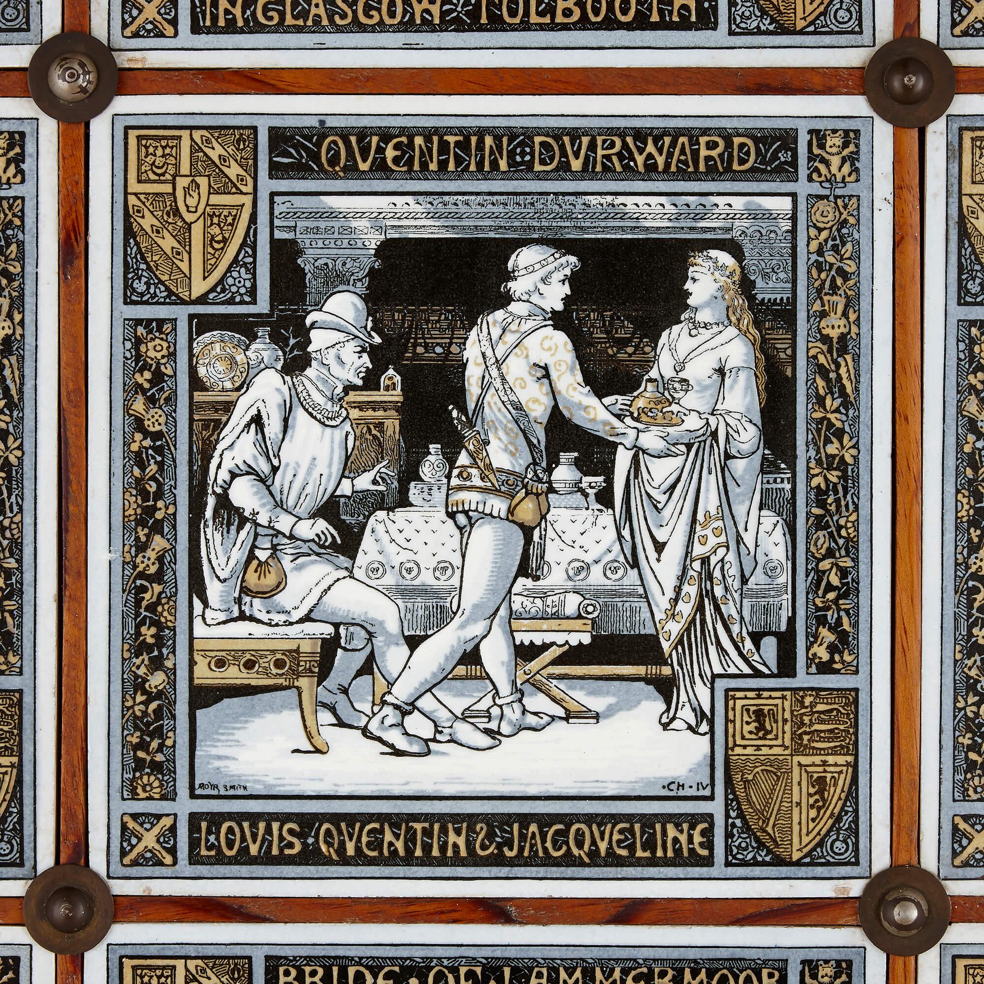 Large Victorian ceramic tile panel by John Moyr Smith for Mintons
English, circa 1878
Panel: height 83cm, width 62cm, depth 0.5cm
Frame: height 89cm, width 67cm, depth 4cm

Designed by the Scottish architect, art historian and later artist and