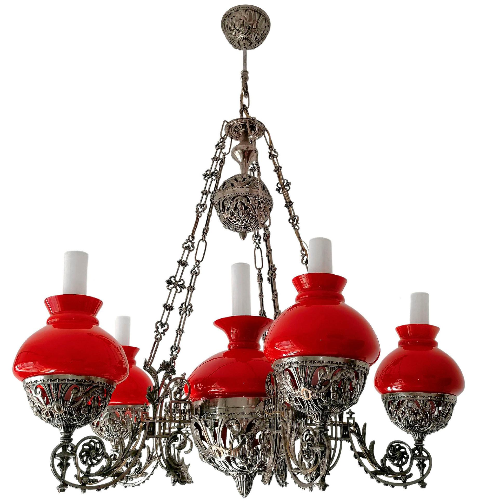 Large Victorian Chandelier Hanging Oil Lamp in Nickel & Opaline Red Glass Shades For Sale 2
