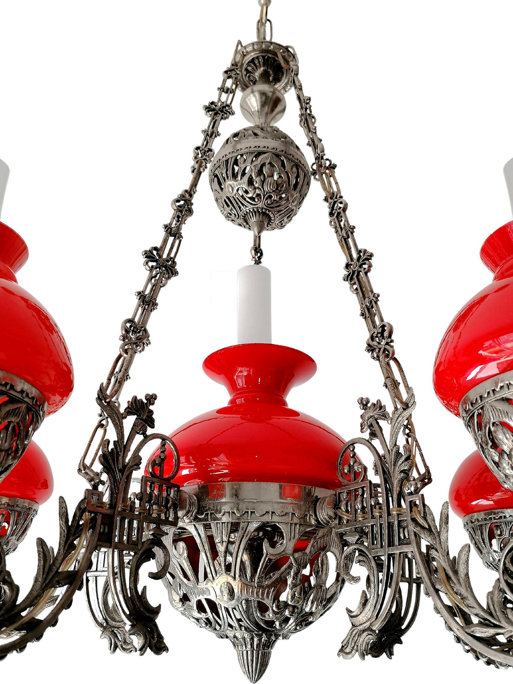 Large Victorian Chandelier Hanging Oil Lamp in Nickel & Opaline Red Glass Shades For Sale 3