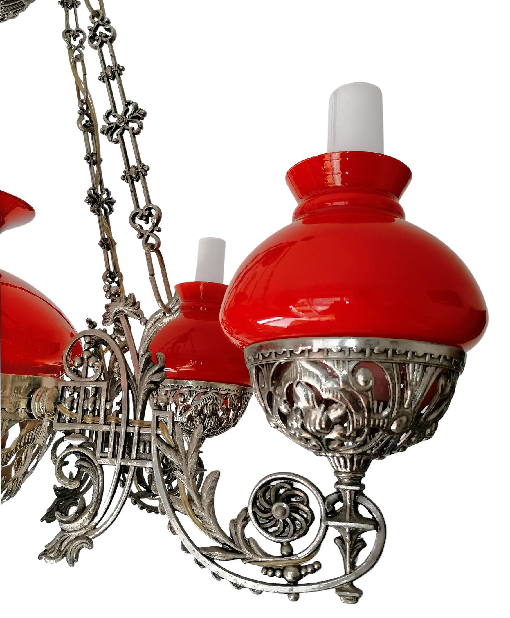 Large Victorian Chandelier Hanging Oil Lamp in Nickel & Opaline Red Glass Shades For Sale 4