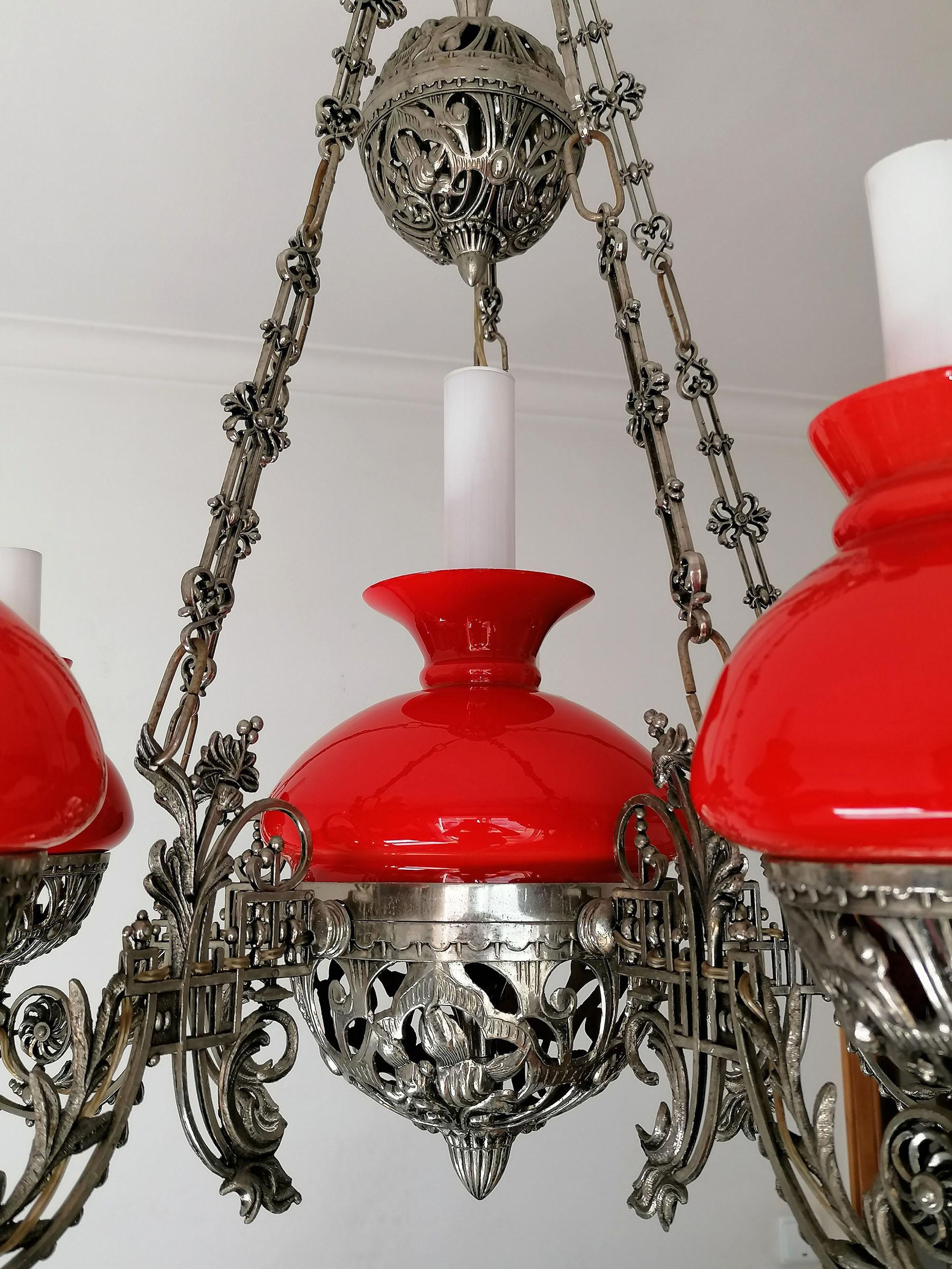 Large Victorian Chandelier Hanging Oil Lamp in Nickel & Opaline Red Glass Shades For Sale 6