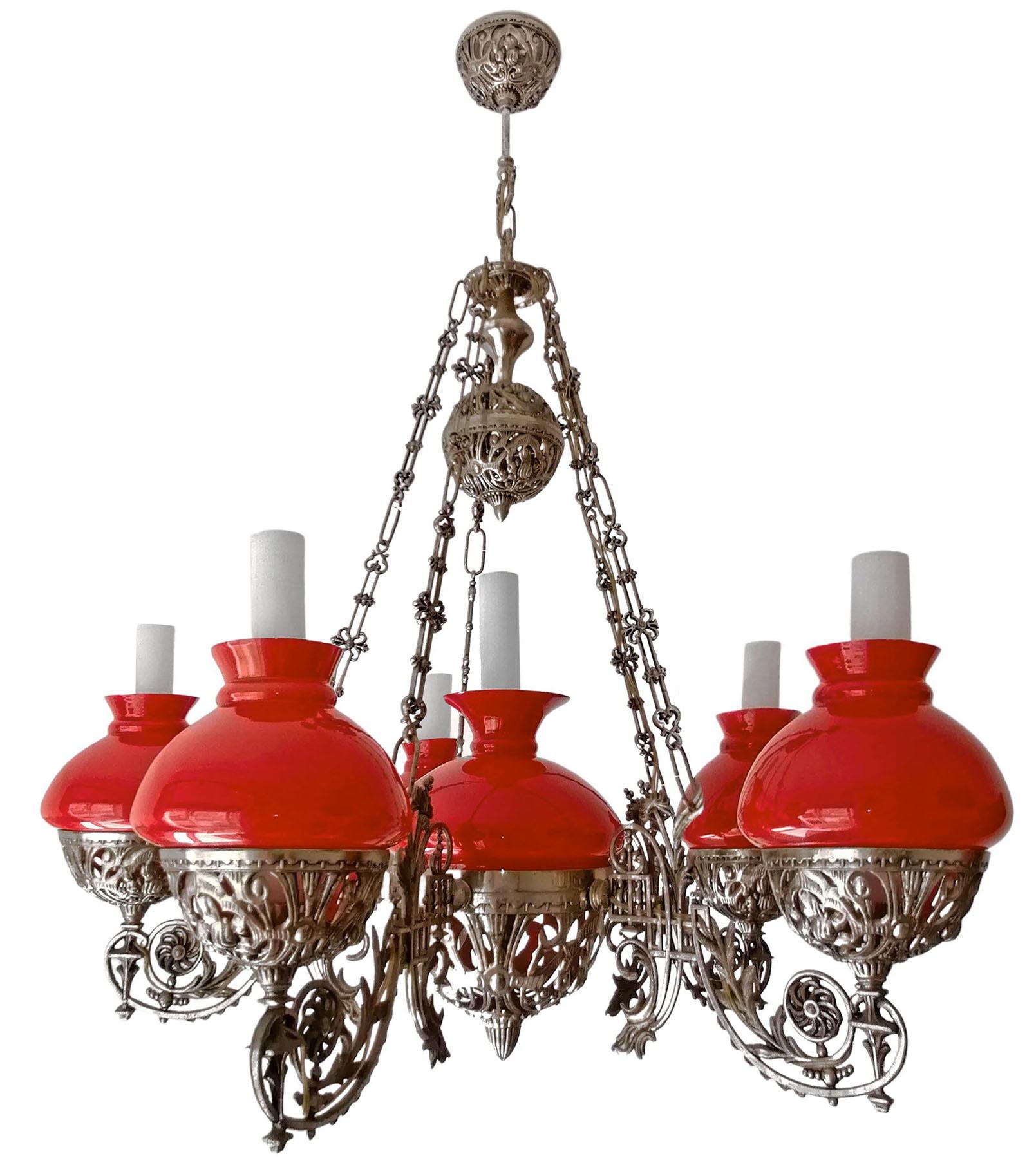 Gorgeous large antique circa 1940 French Victorian 6-light bulbs chandelier with Opaline red cased glass and chiselled ornate nickel. Large opaline center bowl.
Dimensions
Height: 41.34 in. (105 cm)
Diameter: 31.5 in. (80 cm)
6 light bulbs e 14