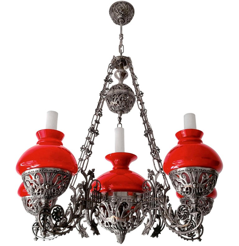 Large Victorian Chandelier Hanging Oil Lamp in Nickel and Opaline Red Glass Shades For Sale at