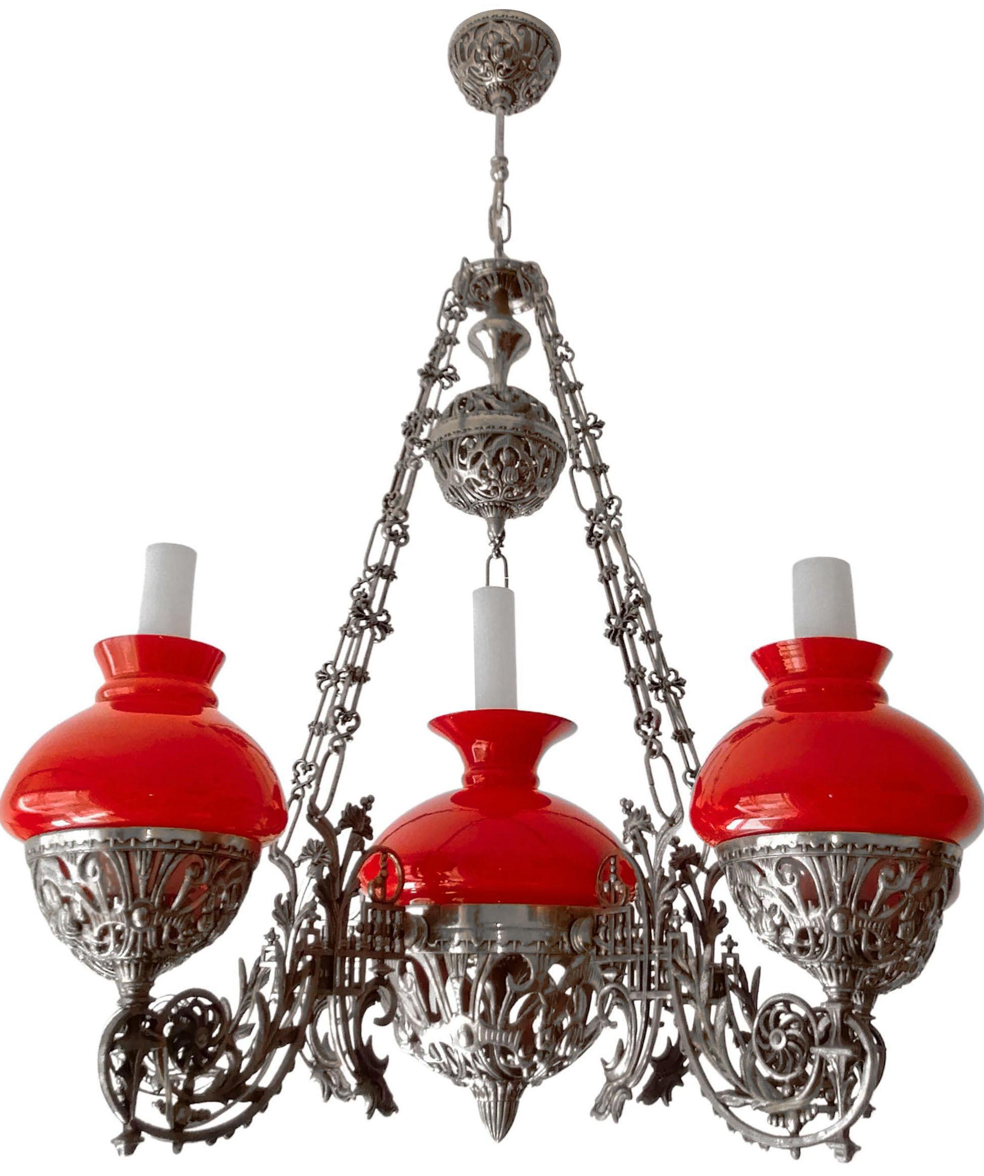 French Large Victorian Chandelier Hanging Oil Lamp in Nickel & Opaline Red Glass Shades For Sale