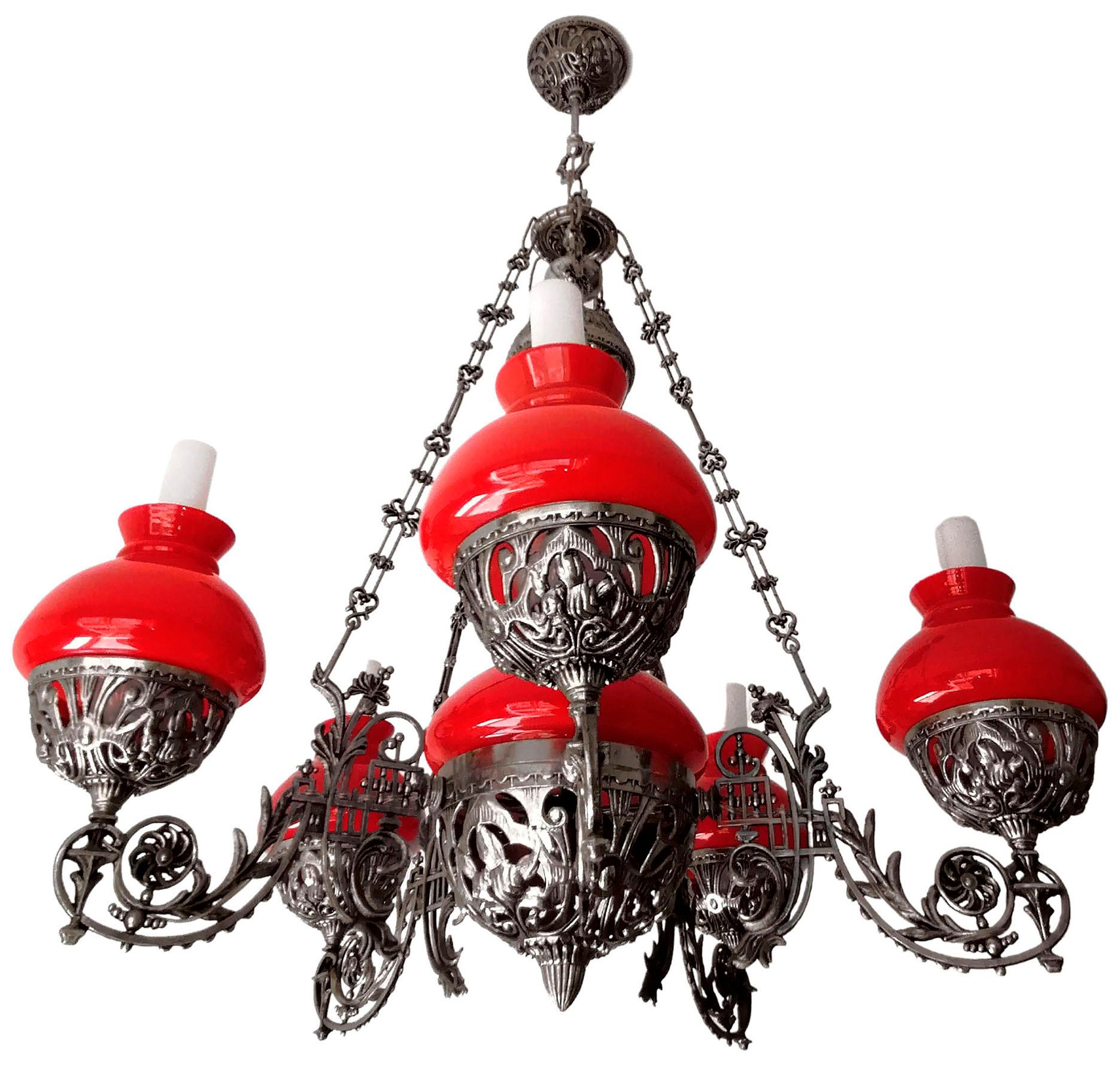 20th Century Large Victorian Chandelier Hanging Oil Lamp in Nickel & Opaline Red Glass Shades For Sale