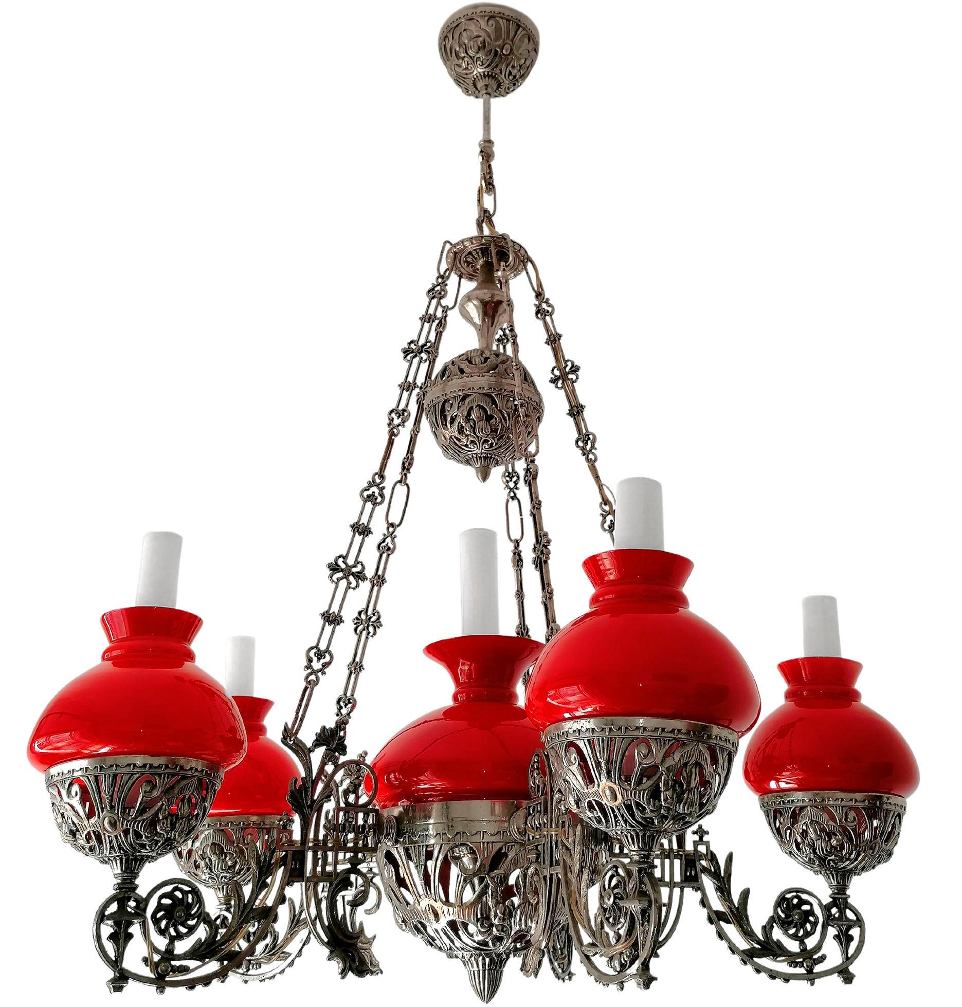 Opaline Glass Large Victorian Chandelier Hanging Oil Lamp in Nickel & Opaline Red Glass Shades For Sale