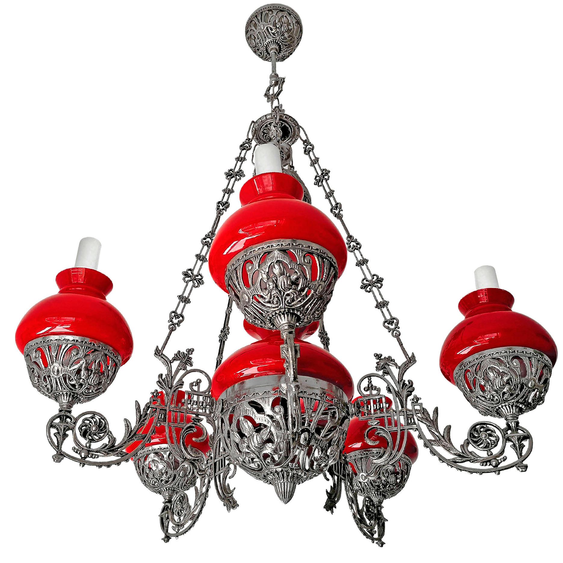 Large Victorian Chandelier Hanging Oil Lamp in Nickel & Opaline Red Glass Shades For Sale 1