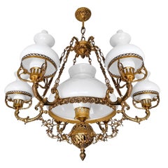 Large Victorian Chandelier Opaline White Glass Oil Lamp Ornate Gilt Bronze c1930