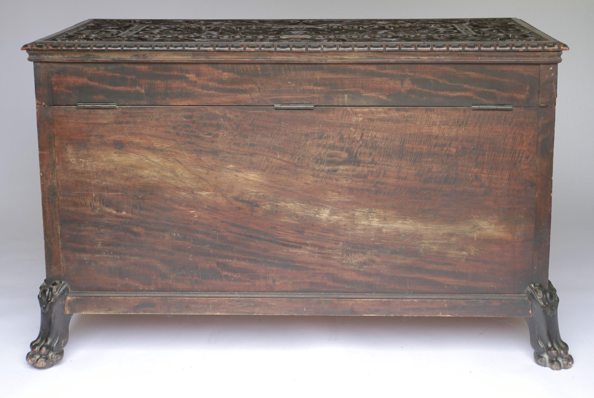 Gothic Revival Large Victorian Chinese Redwood carved coffer For Sale