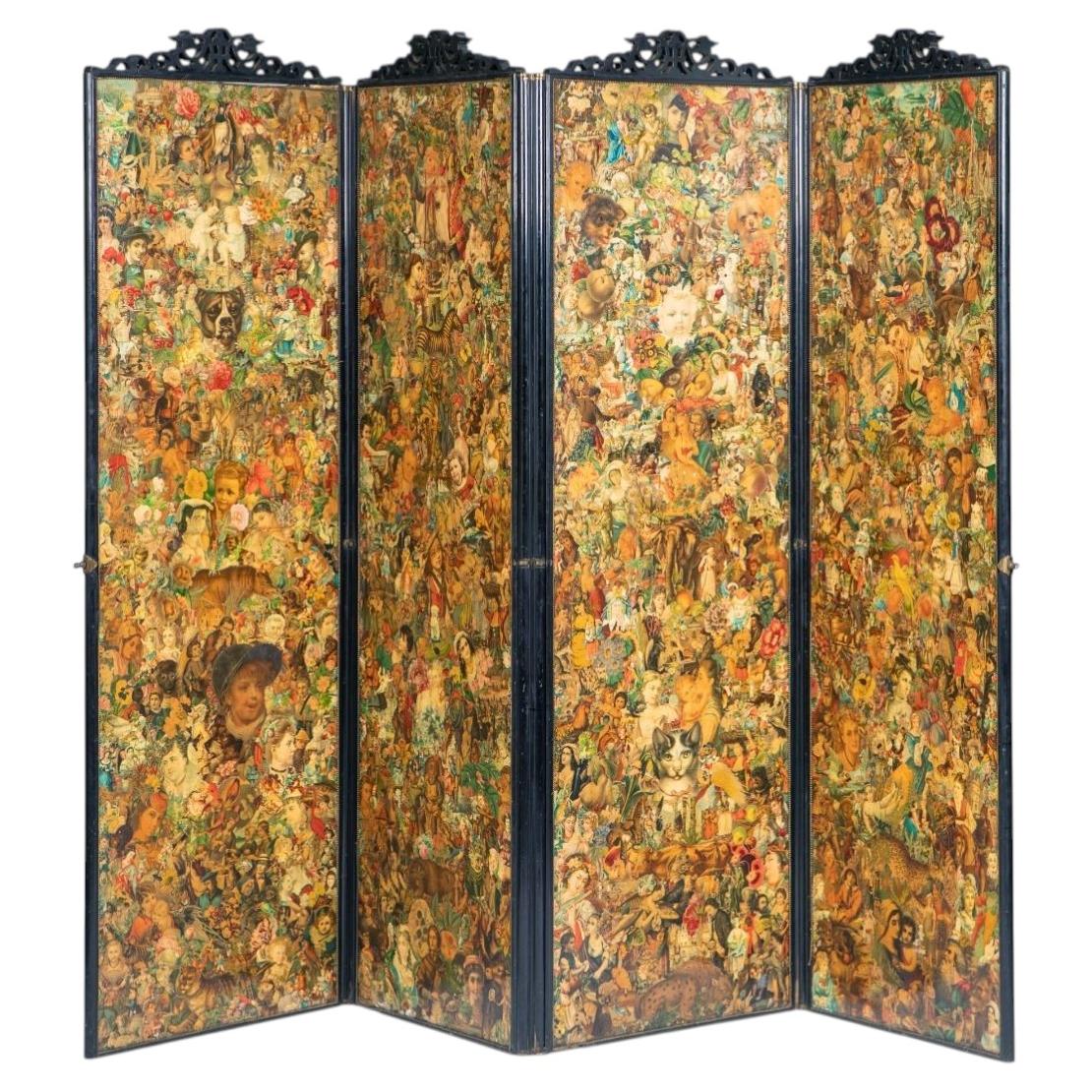 Large Victorian Double-Sided Decoupage Four-Panel Folding Screen, England 1880's For Sale
