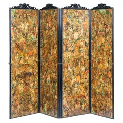 Large Victorian Double-Sided Decoupage Four-Panel Folding Screen, England 1880's