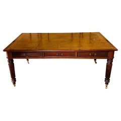 Large Victorian English Partner Desk Columnar Legs Desk, Around 1920s