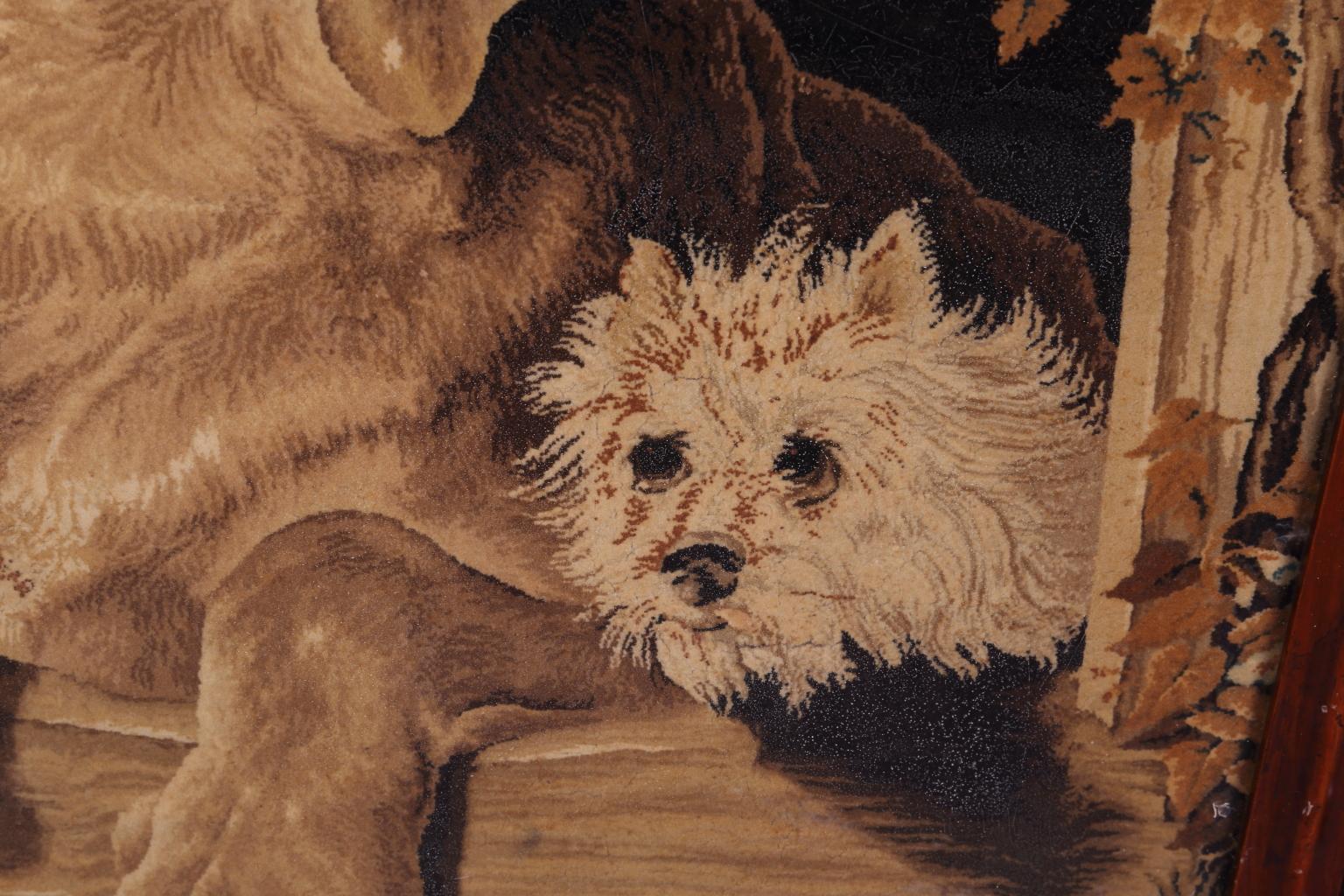 Large Victorian fire screen, walnut and mahogany with dog tapestry, circa 1880.