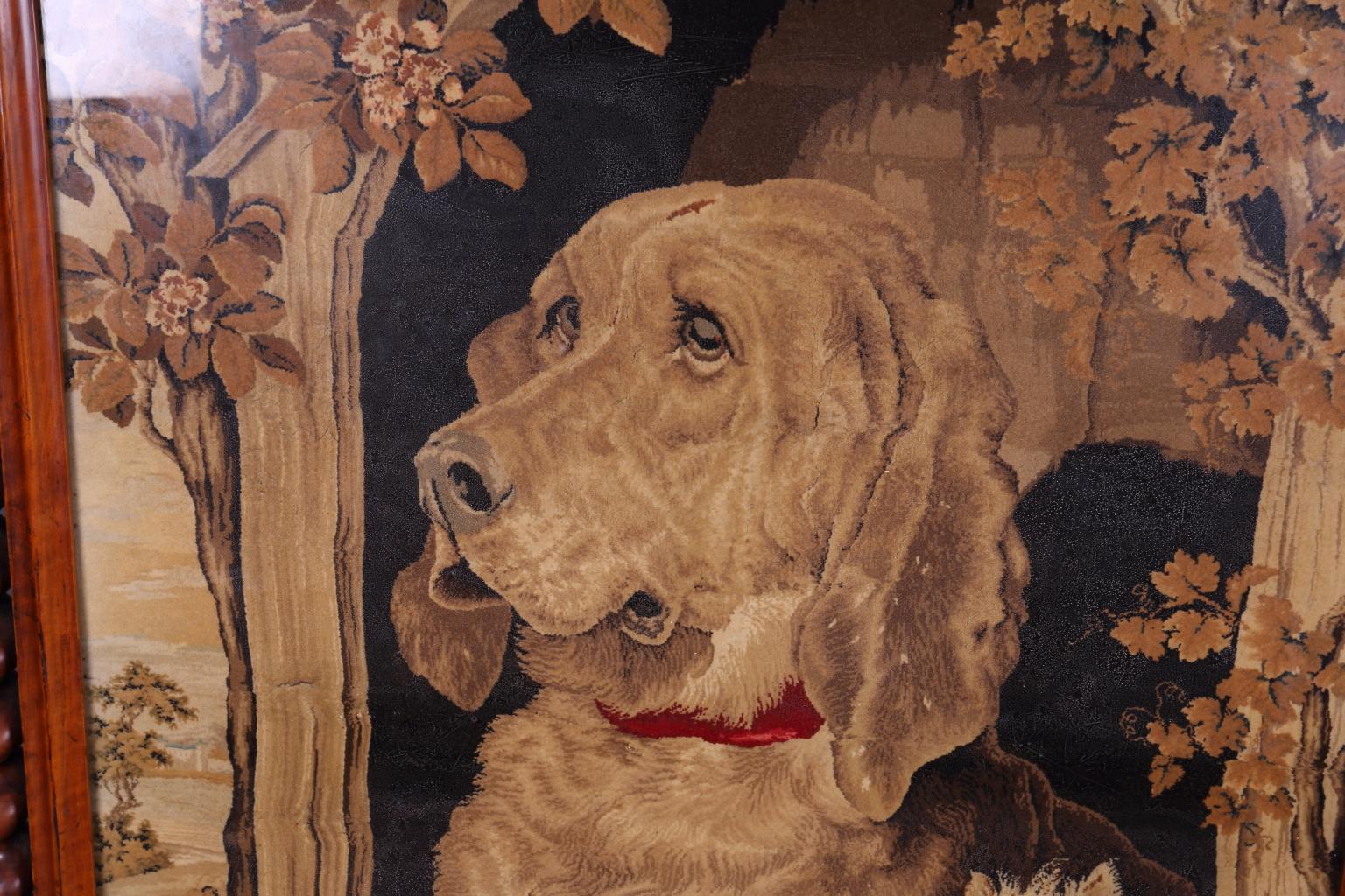 Wood Large Victorian Fire Screen Walnut and Mahogany with Dog Tapestry, circa 1880