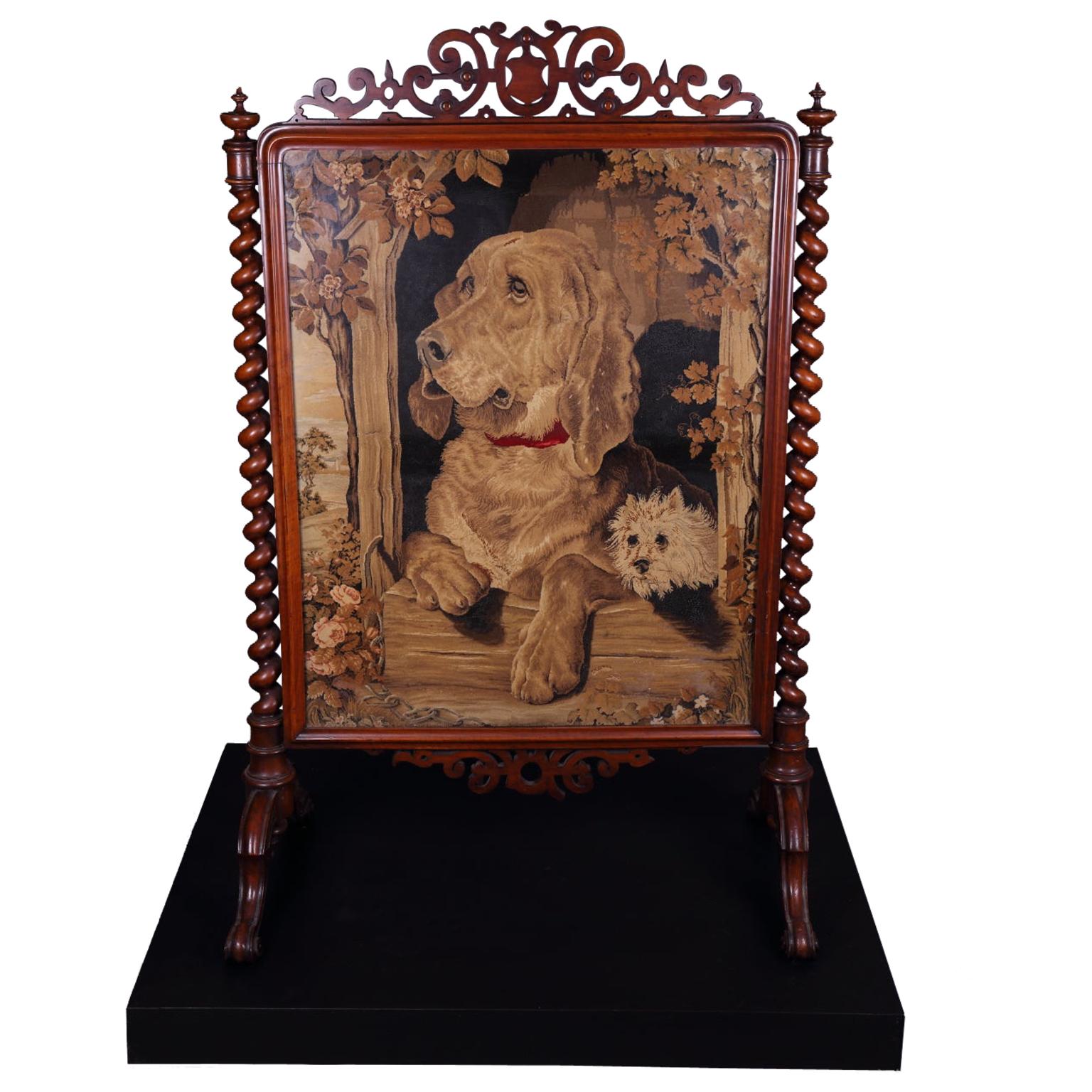 Large Victorian Fire Screen Walnut and Mahogany with Dog Tapestry, circa 1880