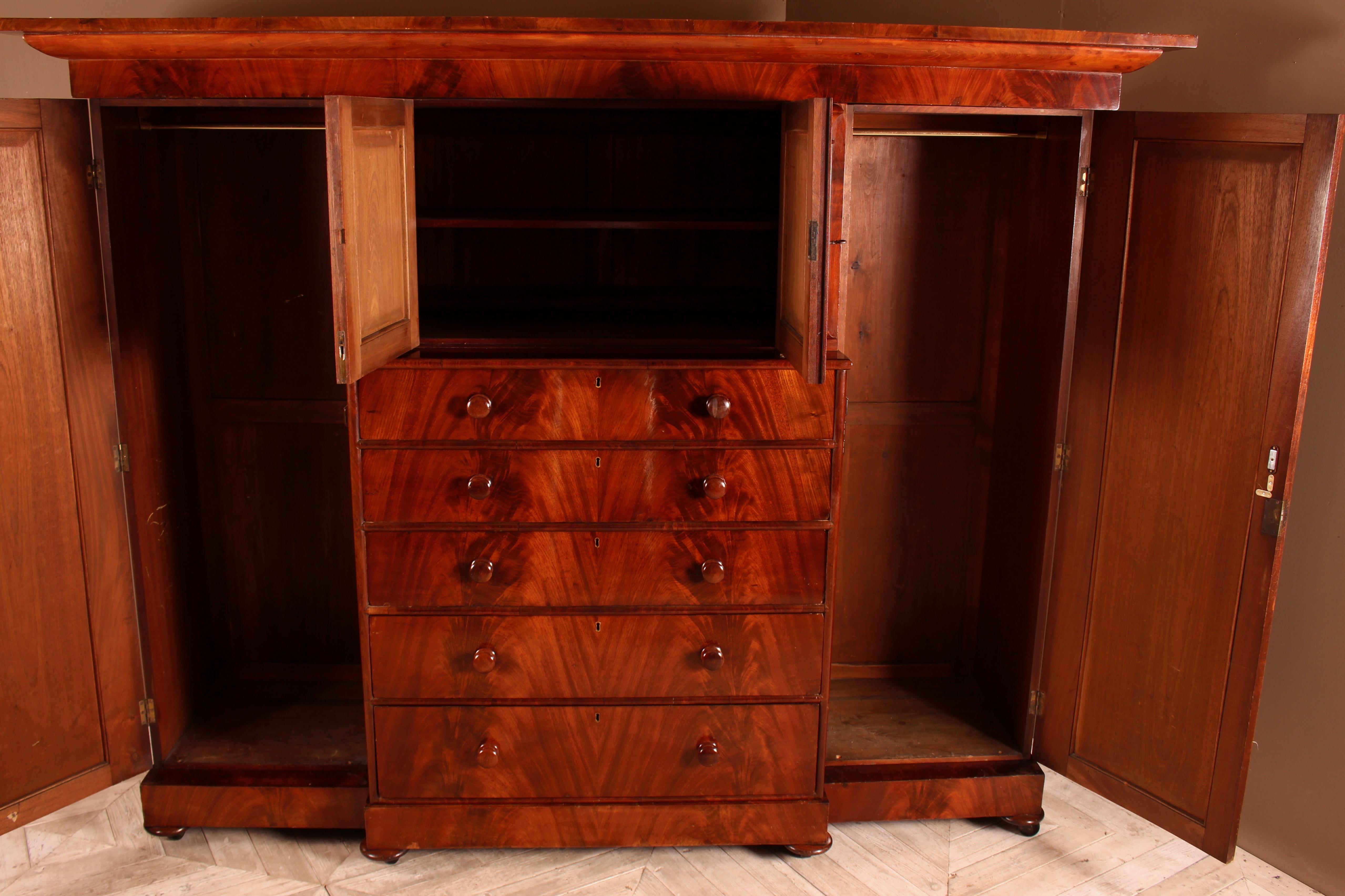 English Large Victorian Flamed Mahogany Compactum Wardrobe For Sale
