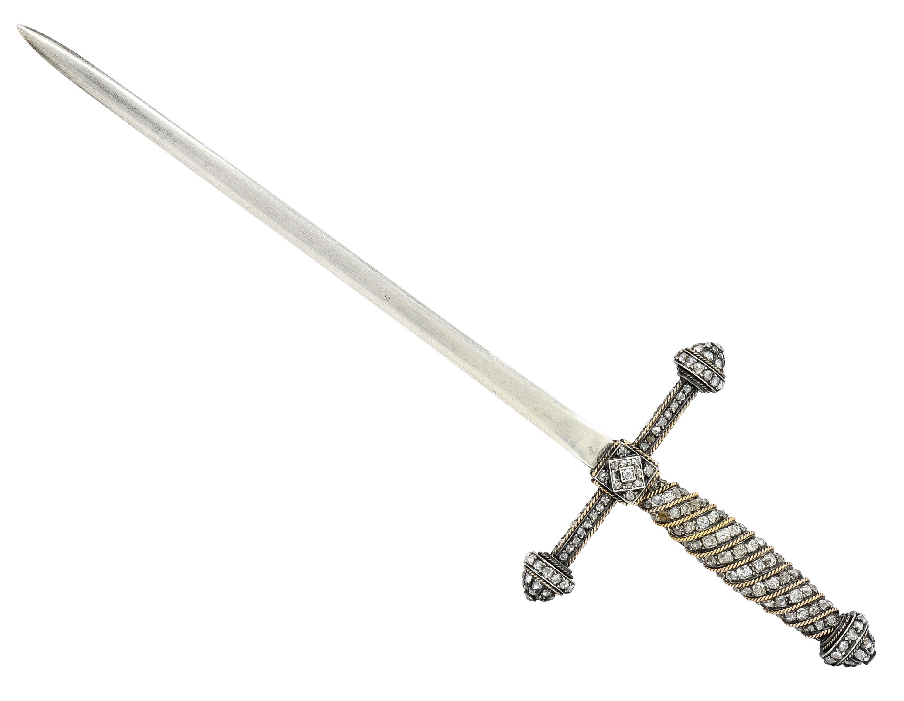 Letter opener is designed as a sword with an elongated blade

Hilt is ornate with a spiraling yellow gold twisted rope motif

Set throughout with rose cut and old mine cut diamonds - quality is consistent with age

Blade has French maker's mark and