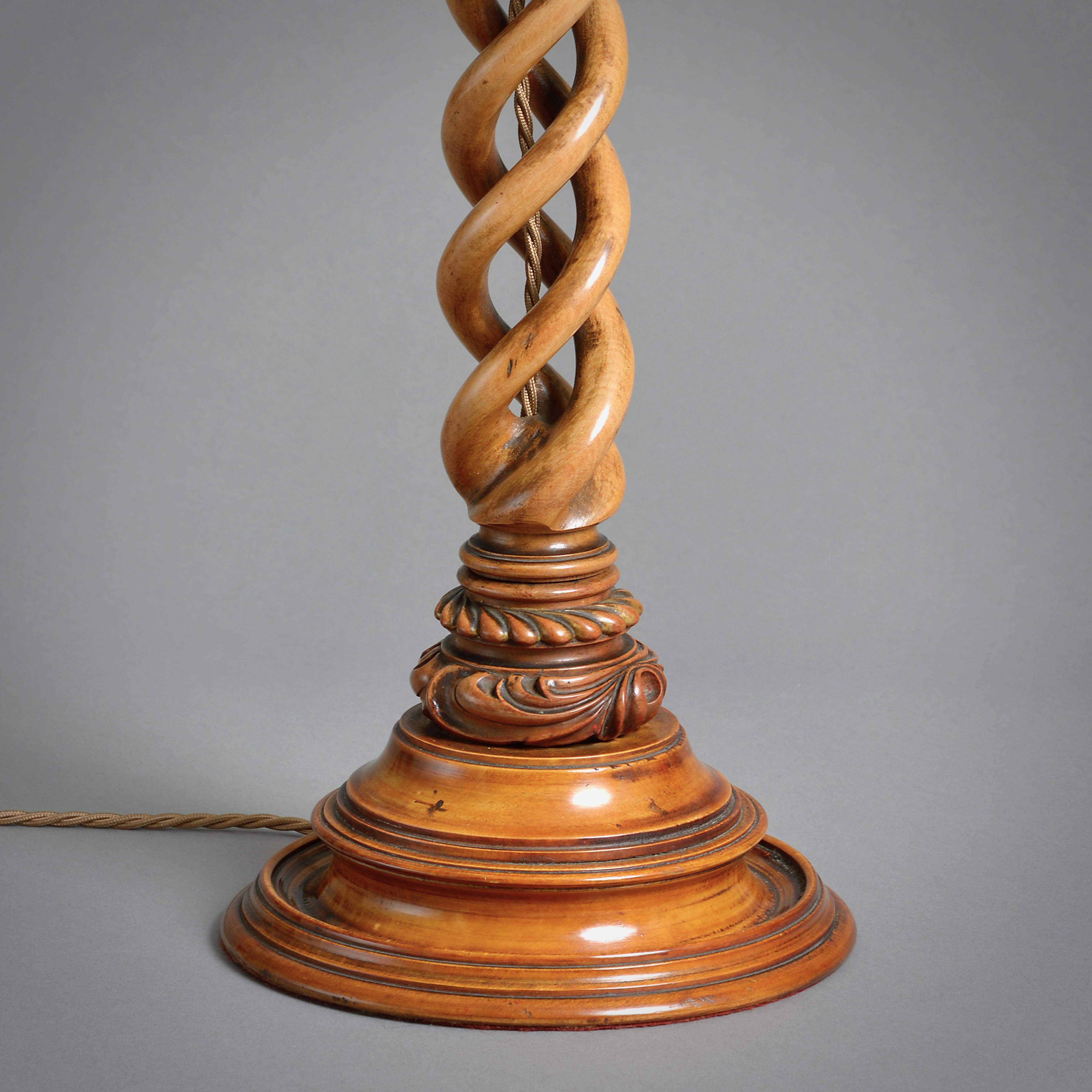 19th Century Large Victorian Fruitwood Spiral-turned Table Lamp For Sale