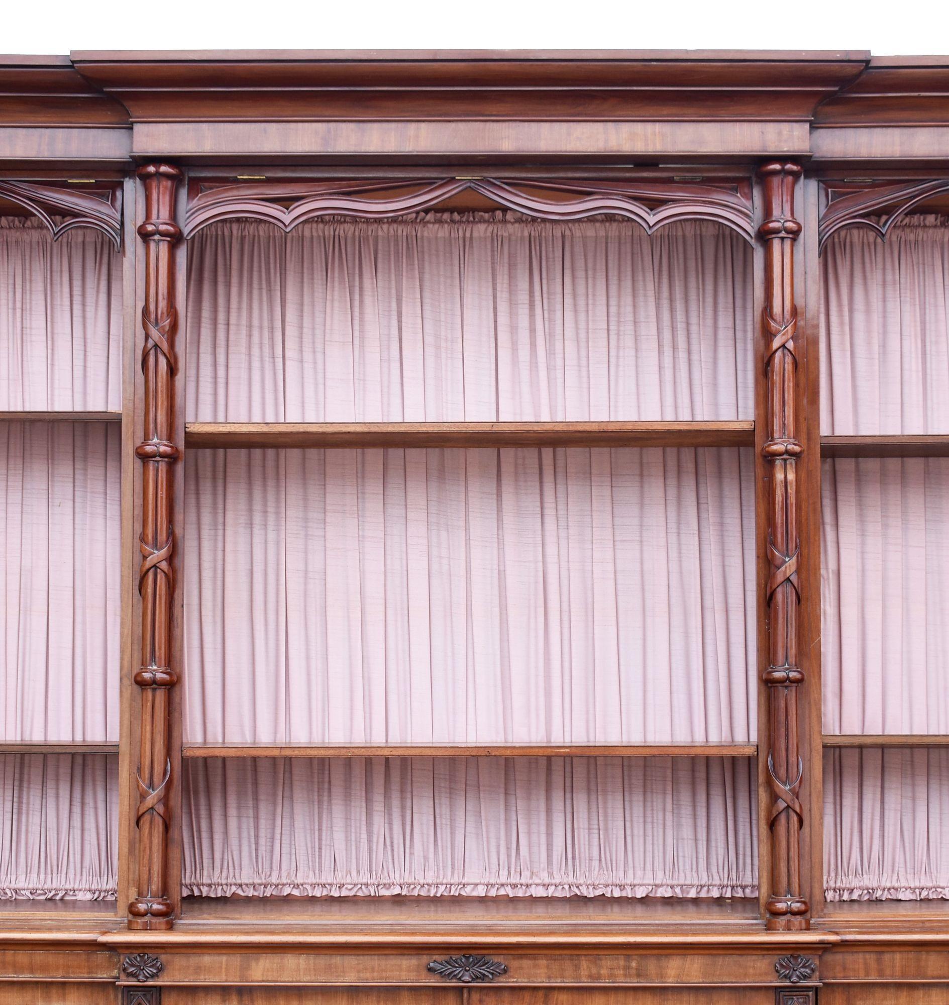 19th Century Large Victorian Gothic Revival Mahogany Breakfront Bookcase For Sale