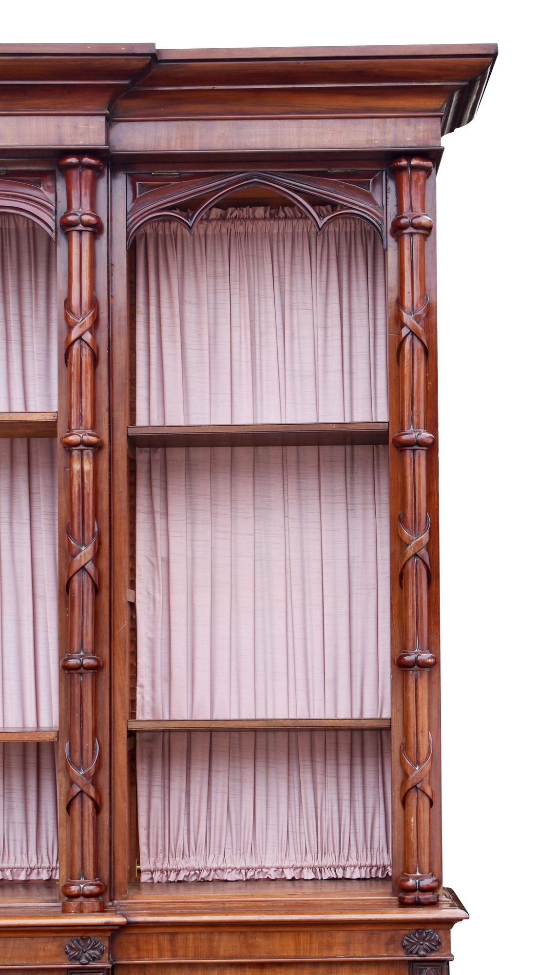 Large Victorian Gothic Revival Mahogany Breakfront Bookcase For Sale 1