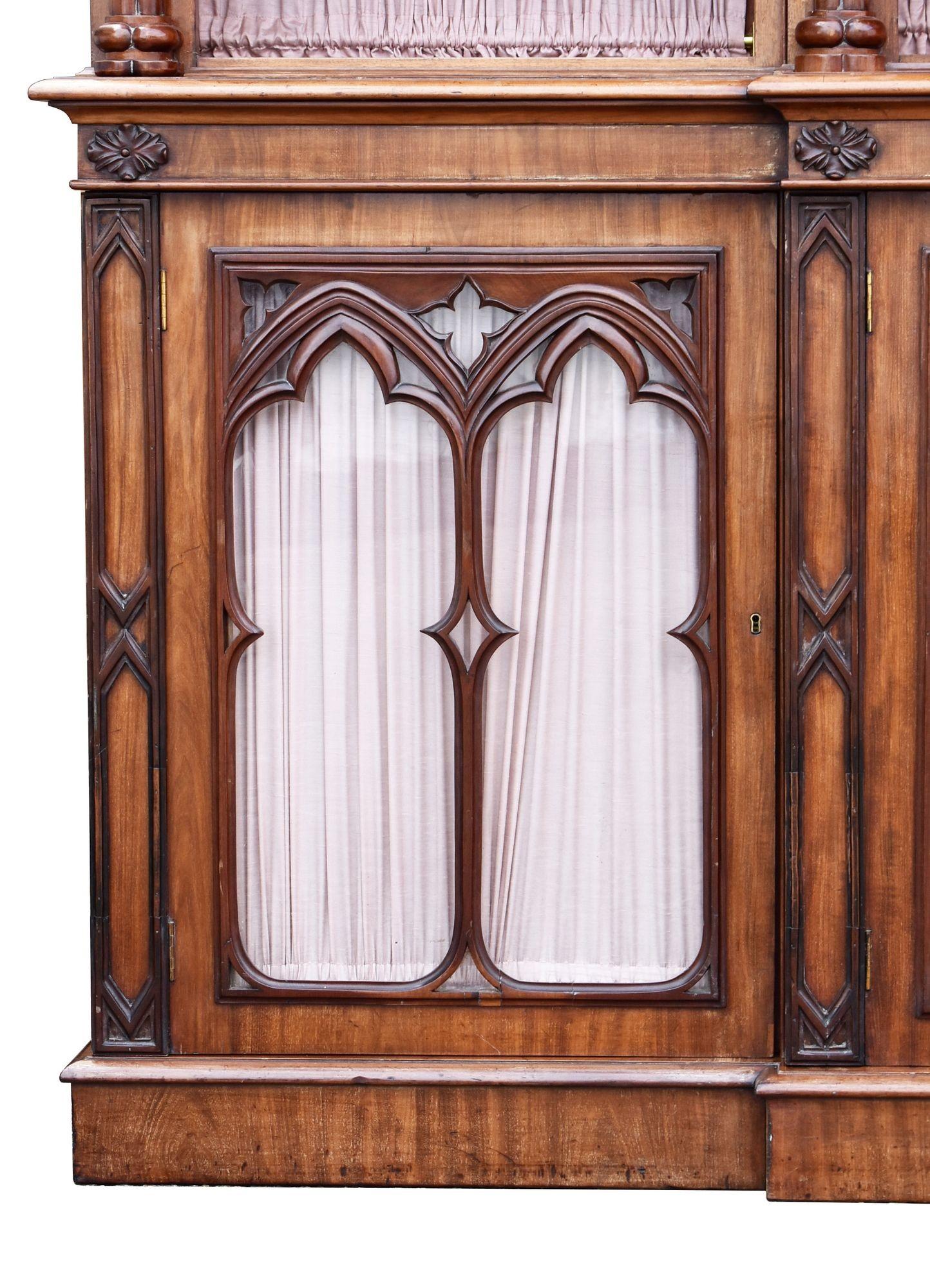 Large Victorian Gothic Revival Mahogany Breakfront Bookcase For Sale 2
