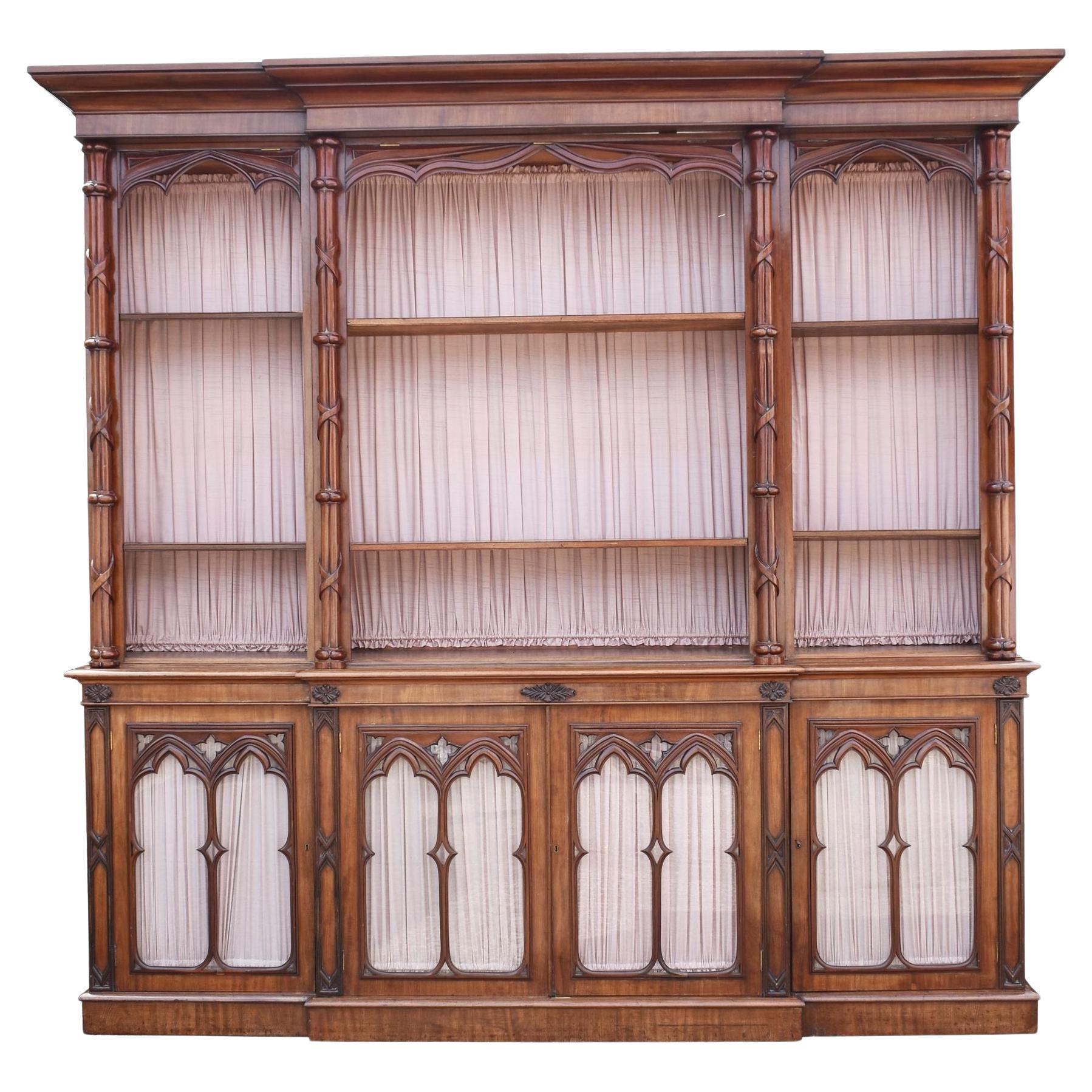 Large Victorian Gothic Revival Mahogany Breakfront Bookcase For Sale