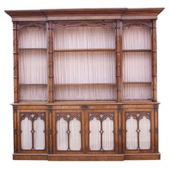 Large Victorian Gothic Revival Mahogany Breakfront Bookcase