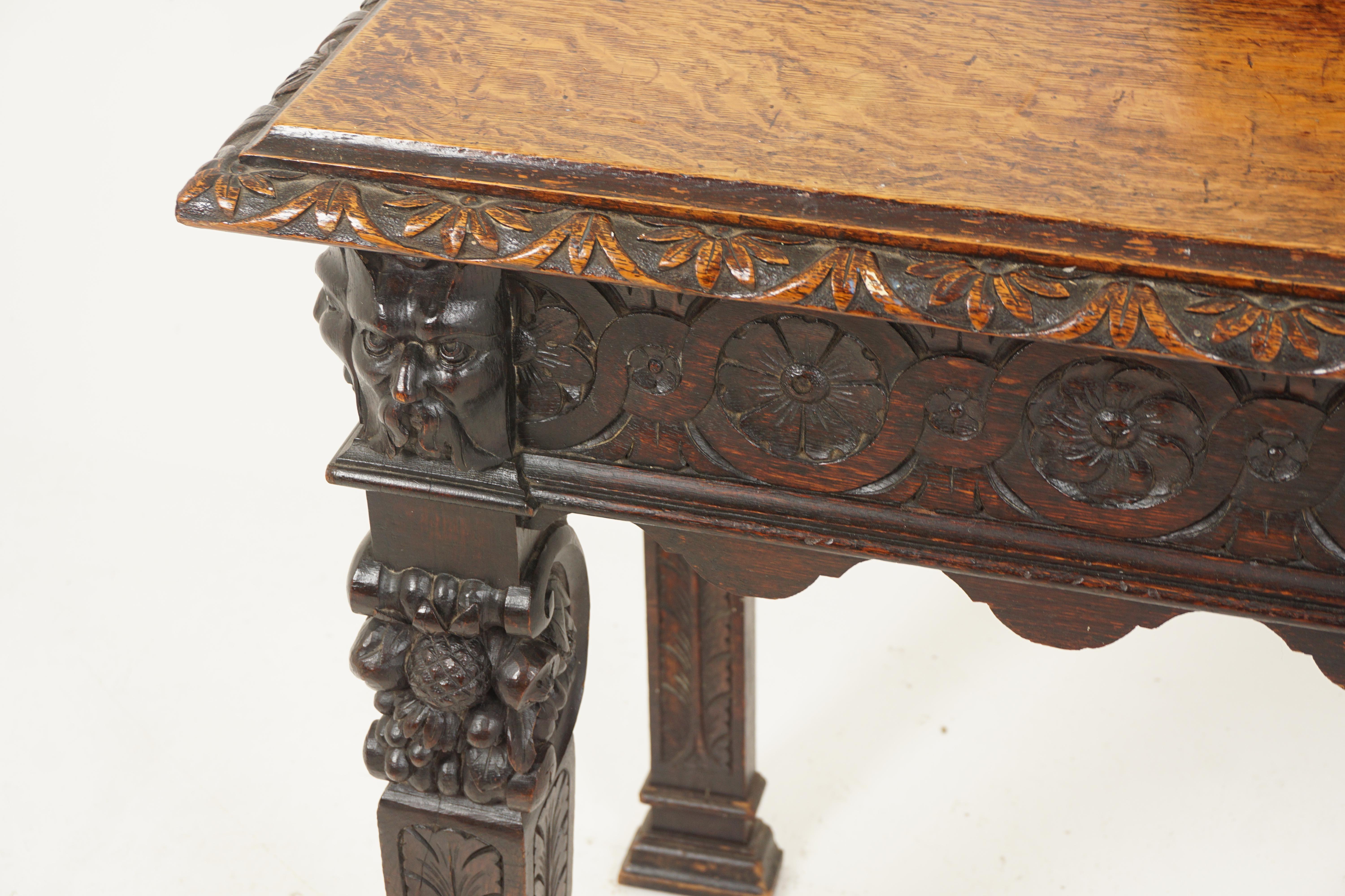 Large Victorian Heavily Carved Oak Green Man Hall Table, Scotland 1880, B2618 In Good Condition In Vancouver, BC